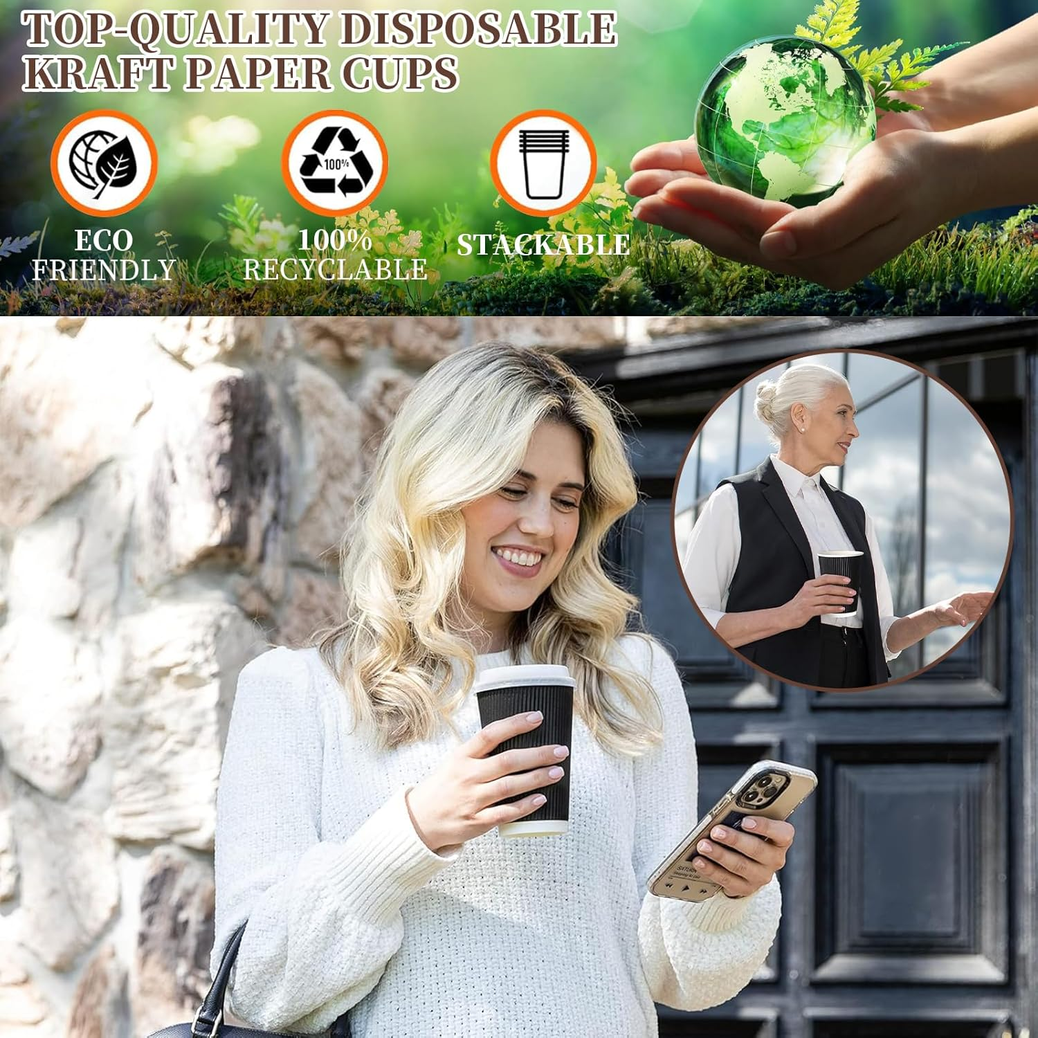 COHGUDA 50 PCS Disposable Paper Coffee Cups with Lids, 16 Oz Insulated Paper Cups for Hot and Cold Drinks, Corrugated Ripple Wall Cup Suitable for Party Travel (16Oz) image number 6