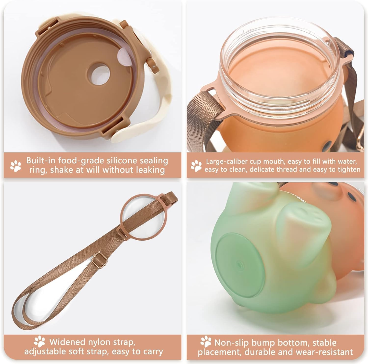 Cute Bear Water Bottle with Strap and Straw, 32Oz Kawaii Kids Water Bottles, Leak-Proof Plastic Drinking Cups for Girls Women School Sports Camping Picnic Hiking Travel (Brown-Green) image number 2