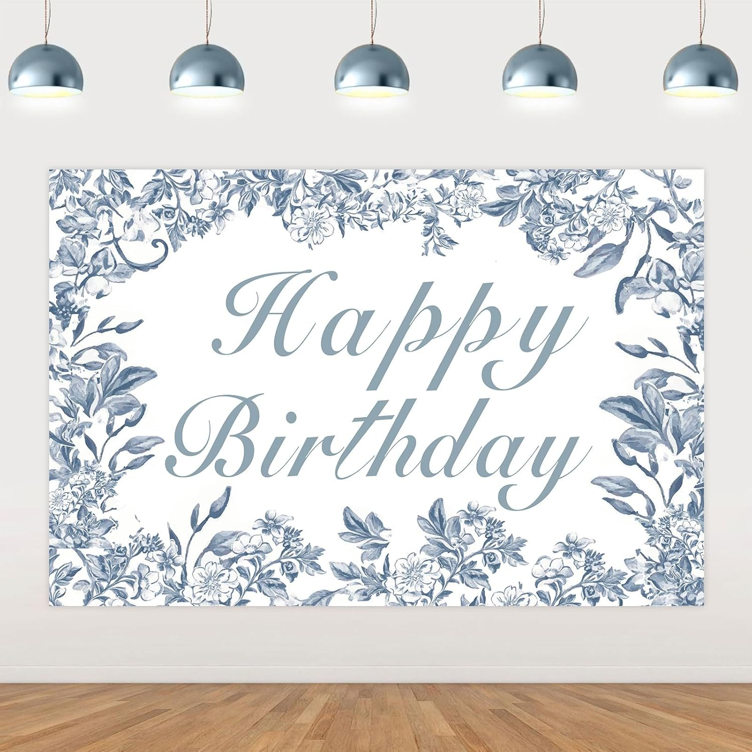 Wonmelody Blue Chinoiserie Birthday Decor 5 * 3Ft Blue Chinoiserie Happy Birthday Backdrop Banner Blue White Floral Backdrop Vintage Floral Party Decor for Chinoiserie Birthday Wedding Bridal Shower image number 2