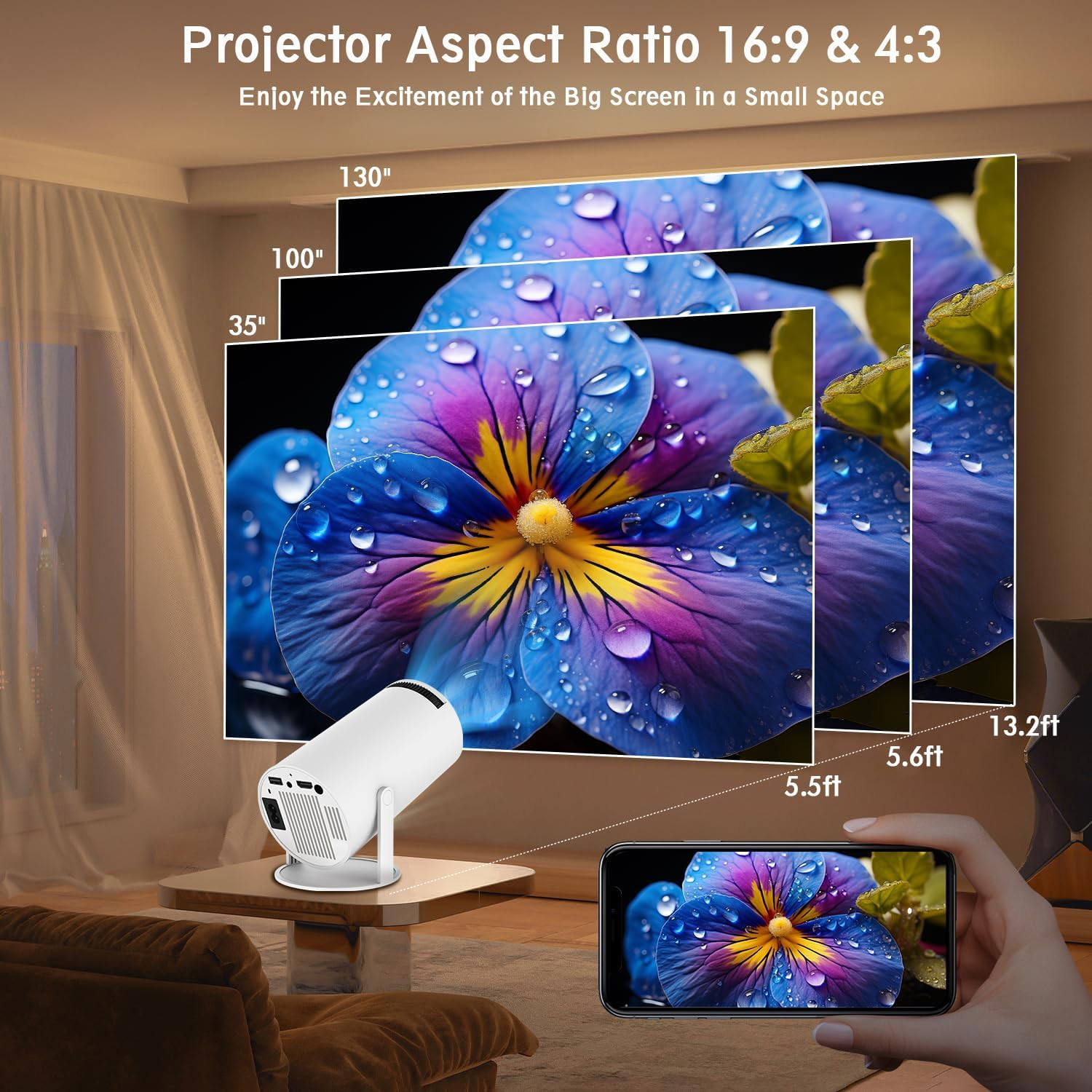 Mini Projector, HY300 PRO Portable Projector, Smart Projector Support 4K 1080P with Dual-Band WIFI6 5G Wireless 5.4 Bluetooth, 200 ANSI, Auto Keystone Correction, 35"-130" Screen Video Projector image number 3