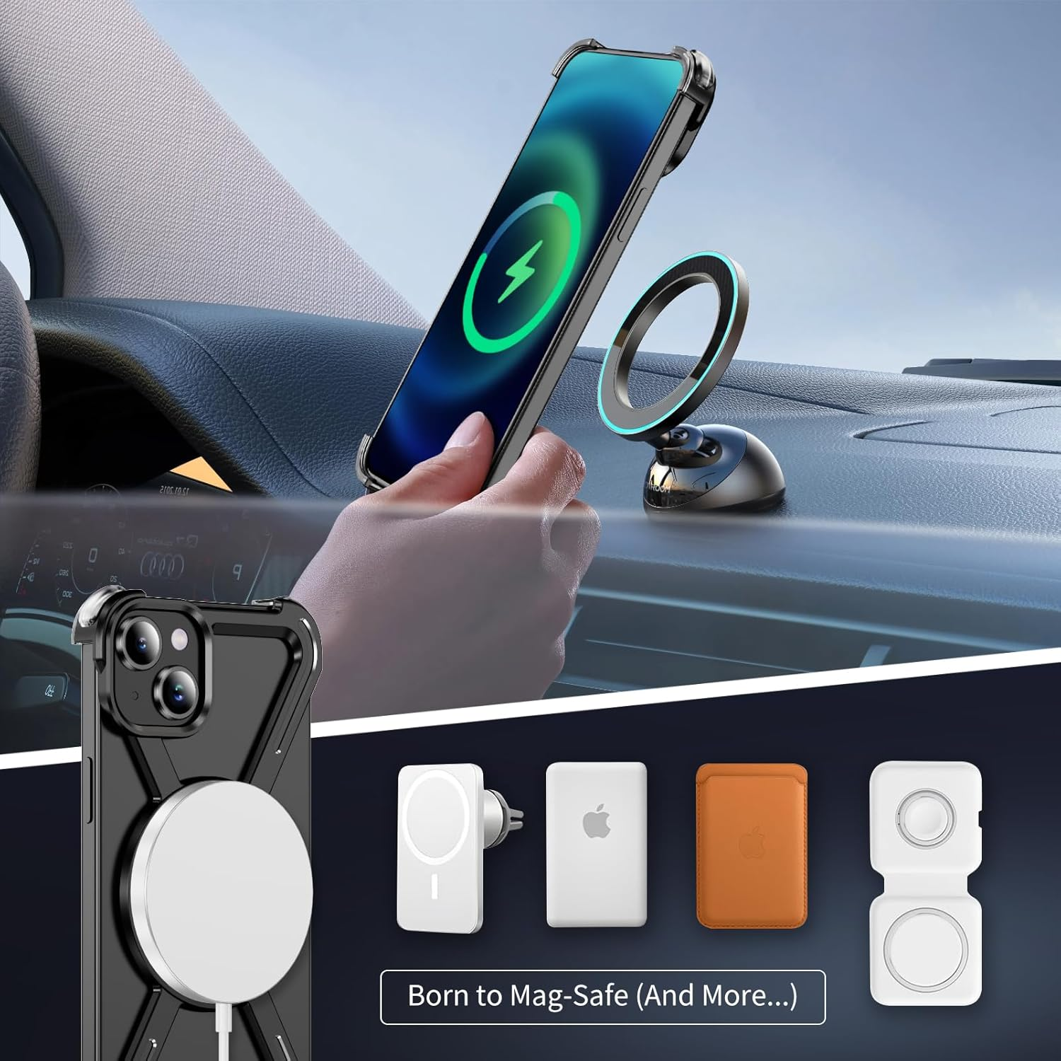 QIWEIQING Frameless Case for Iphone 15 plus 6.7 Inch Compatible with Magsafe, Bezel Less Mobile Phone Case Titanium Alloy 360&deg; Rotation Magnetic Stand Protective Case for Iphone 15 plus 6.7 Inch Black