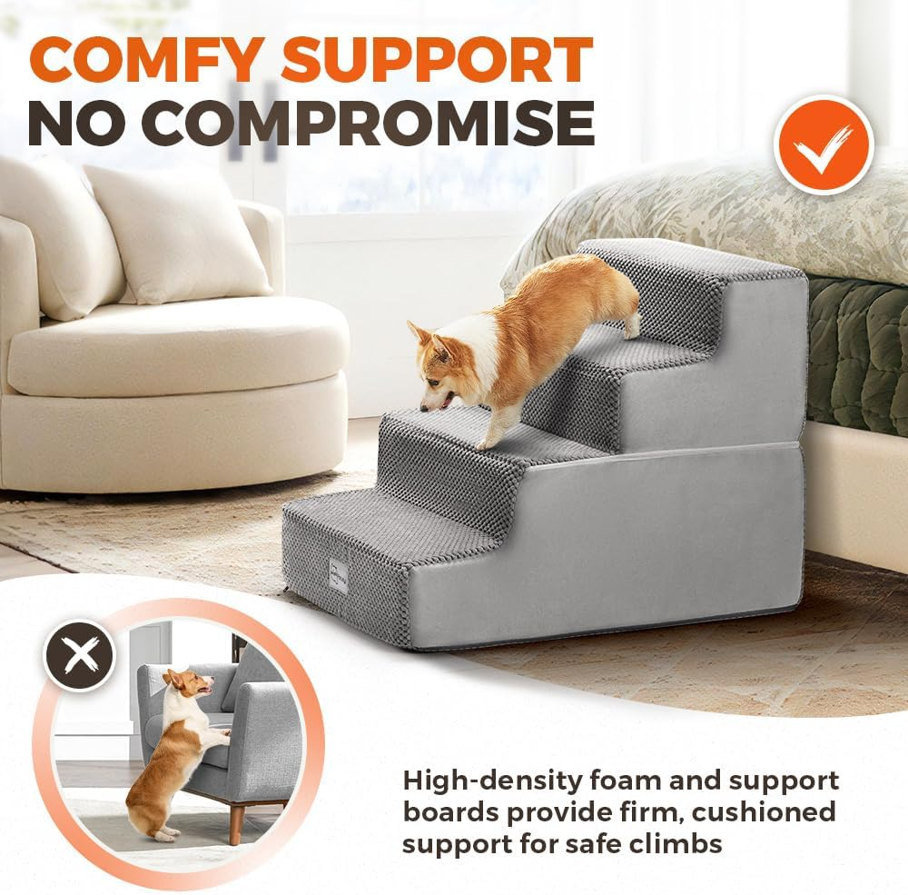Petzly Dog Stairs for Bed, 4-Step 46CM Height Dog Steps for Small Dogs and Cats, High Density Foam Spliceable Pet Ramp, Non-Slip Balanced Dog Ramp Indoor, Grey image number 5