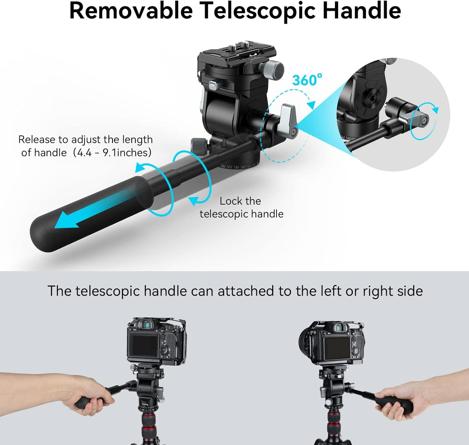 Smallrig Video Head for Vertical/Horizontal Shooting, Tripod Pan Tilt Fluid Head W/Telescopic Handle and Switchable QR Plate for Arca, Max Load 5Kg for Camcorder, Mirrorless, DSLR - 4104 image number 2