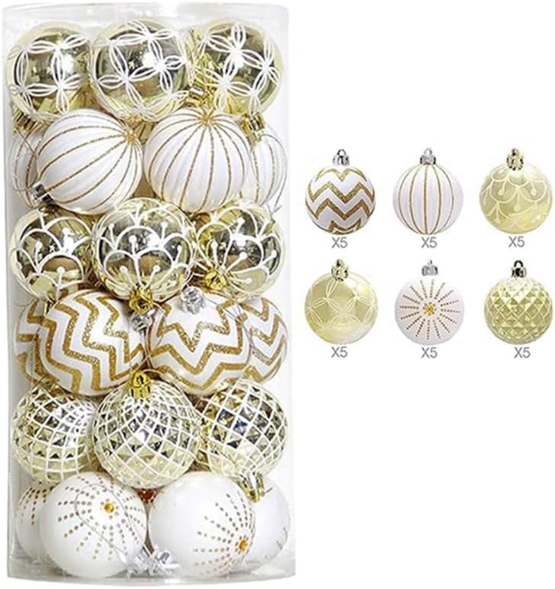 30PCS Christmas Balls,60Mm Gold&White Painted Shatterproof Festive Wedding Hanging Ornaments Christmas Trees Decoration Easy Install image number 4
