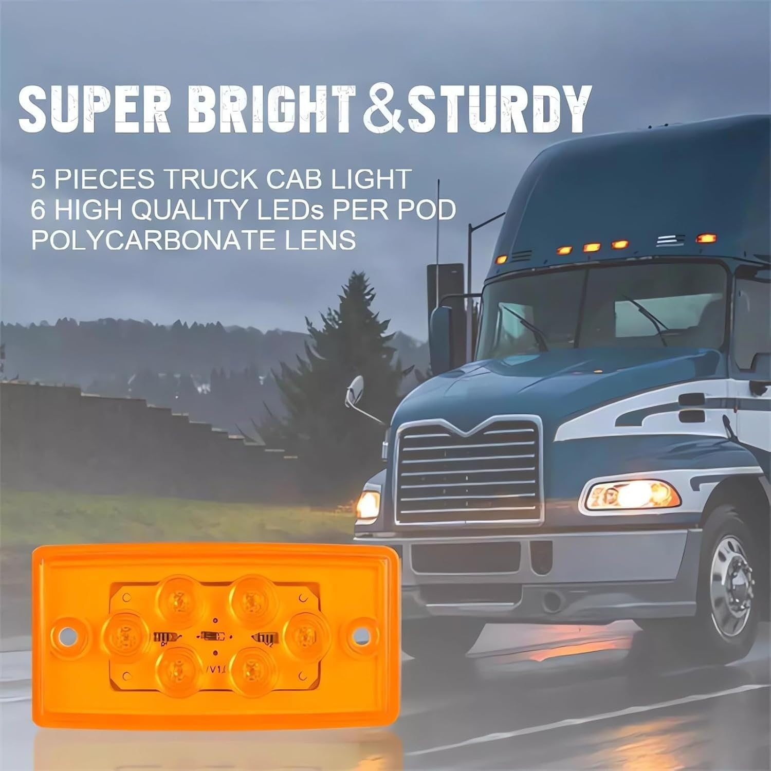 5Pcs Rectangle Cab Light 6LED Amber Top Roof Running Cab Marker Light Waterproof Compatible with Freightliner Heavy Duty Trailer Century Columbia Volvo Camper Trucks image number 1