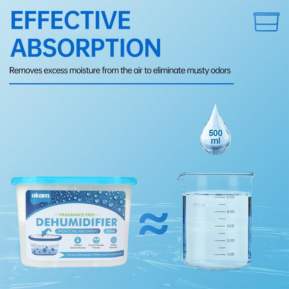 OKAM Moisture Absorber Tubs 24-Pack - Unscented Dehumidifier 500Ml for Bathroom, Wardrobe, Kitchen, Laundry, Closet, and Cupboard - Mould & Humidity Absorber - Portable Dehumidifier Moisture Absorber image number 1