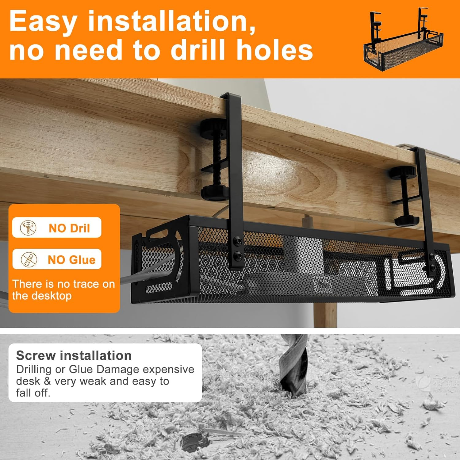 Under Desk Cable Management Tray No Drill 39Cm/15In Metal Mesh Cable Tray with Clamp for Desk Wire Management Cable Management Box and Cord Organizer for Office, Home (Black, 1Pack) image number 4