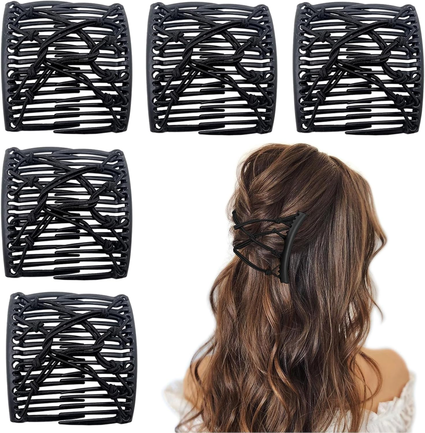 5 Pieces Stretchy Magic Hair Comb Adjustable Elastic Comb Hair Clip for Women Girls No Crease Hair Pins Vintage Hair Bun Maker Hair Accessories for Curly Thick Wavy Hair Ponytail