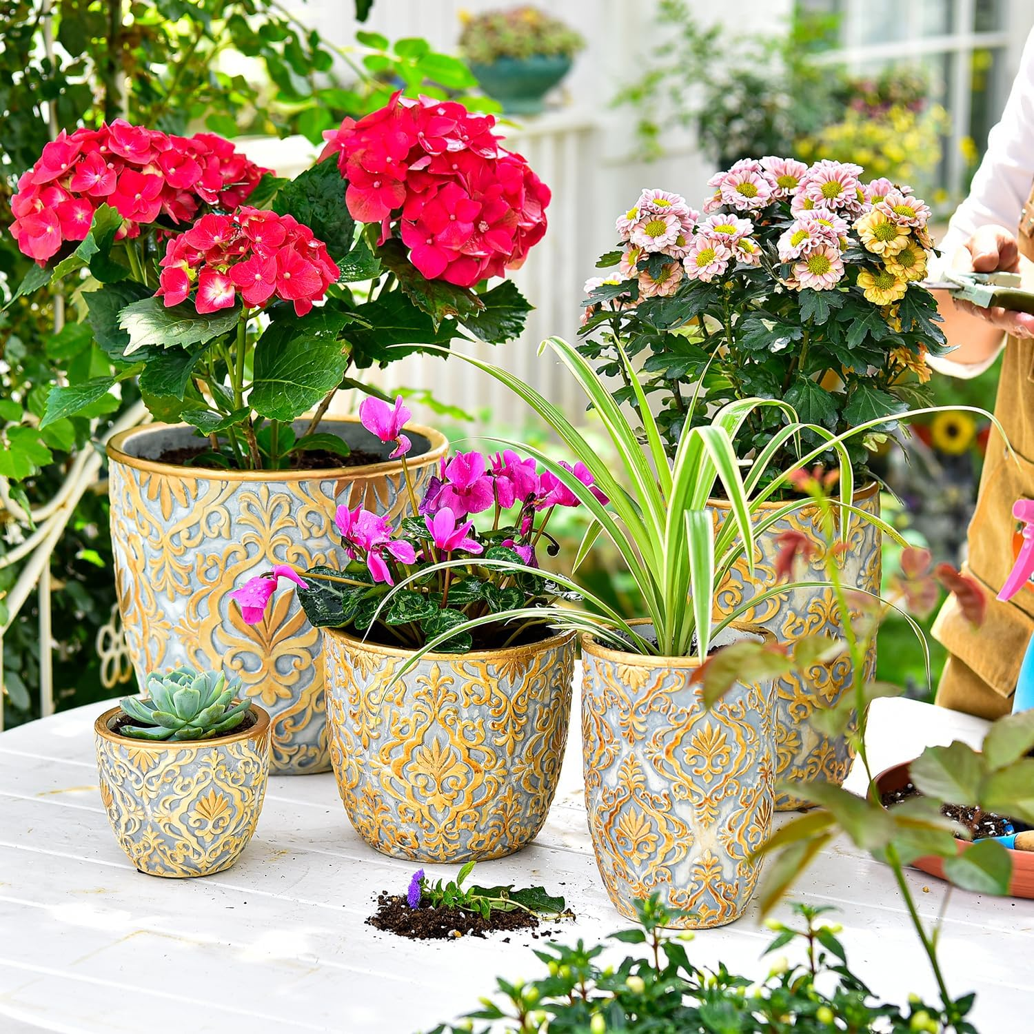 Sungmor Large Heavy Duty Cement Planters, Beautiful Embossed Concrete Garden Pots, 8" & 10" Set of 2 Plant Pots with Drainage Hole, Home Garden Decorative Flower Pots for Indoor Outdoor Plants Floral image number 3