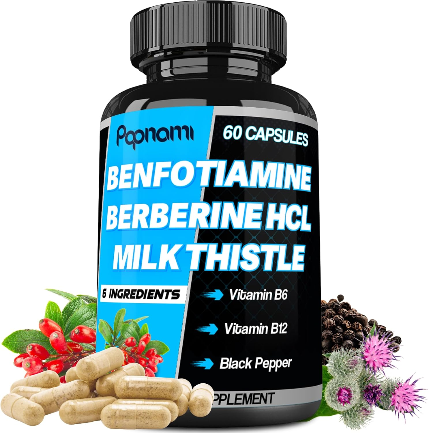 Papnami 6In1 Benfotiamine Supplement - Blended with Vitamin B12, Vitamin B6, Berberine Hcl, Milk Thistle & Black Pepper | 60 Count image number 6