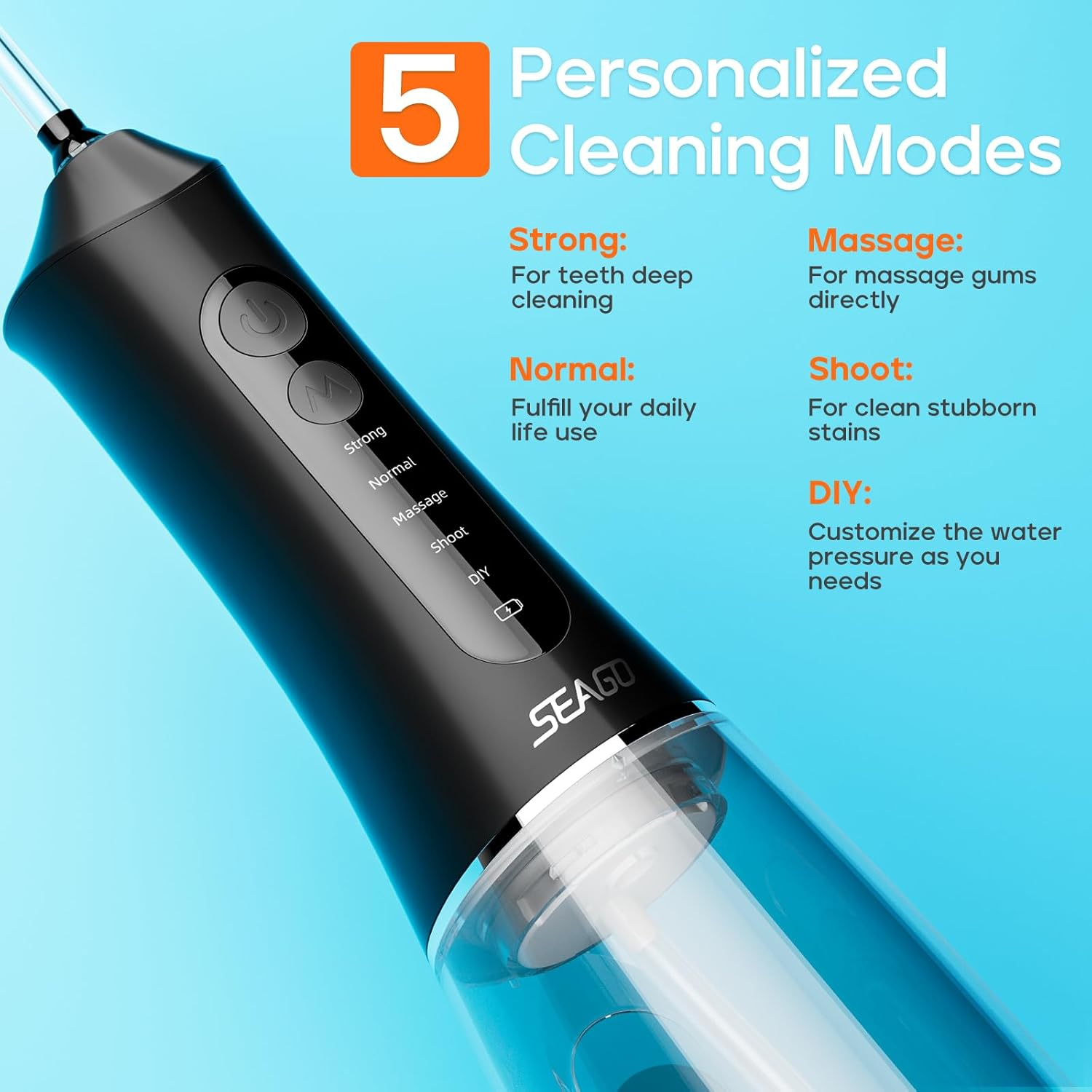 SEAGO Water Dental Flosser Cordless for Teeth, 5 Modes and 7 Nozzles, Dental Water Flosser 300ML, DIY Mode Memory Function, IPX7 Waterproof Dental Flosser, SG8019 (Black)