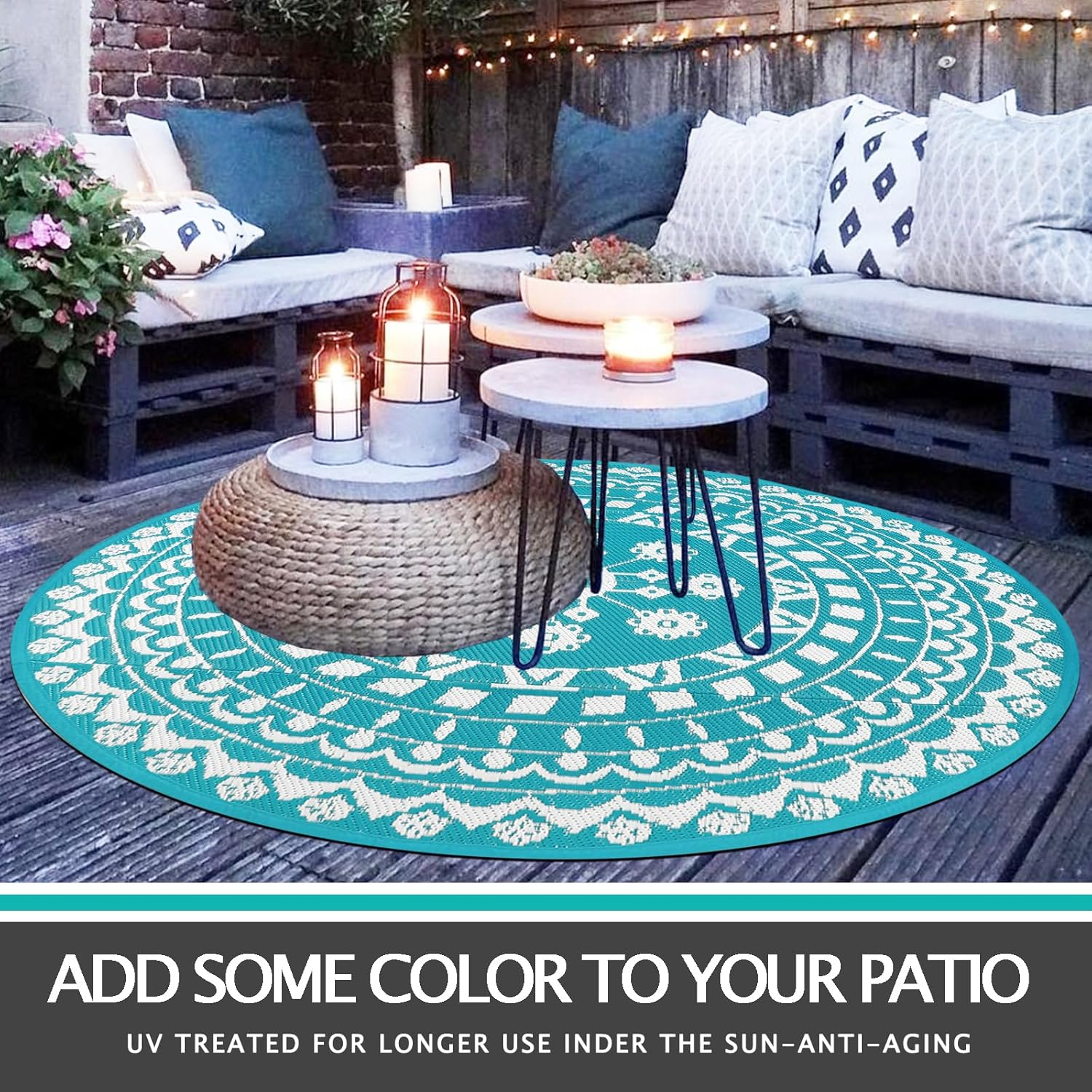 Capslpad round Outdoor Rug for Patio 150Cm Boho Reversible RV Mat Waterproof Outdoor Plastic Straw RV Camping Rug outside Circle Area Rug for Porch Deck Terrace Picnic Beach Apartment Pool Decor,Teal image number 5