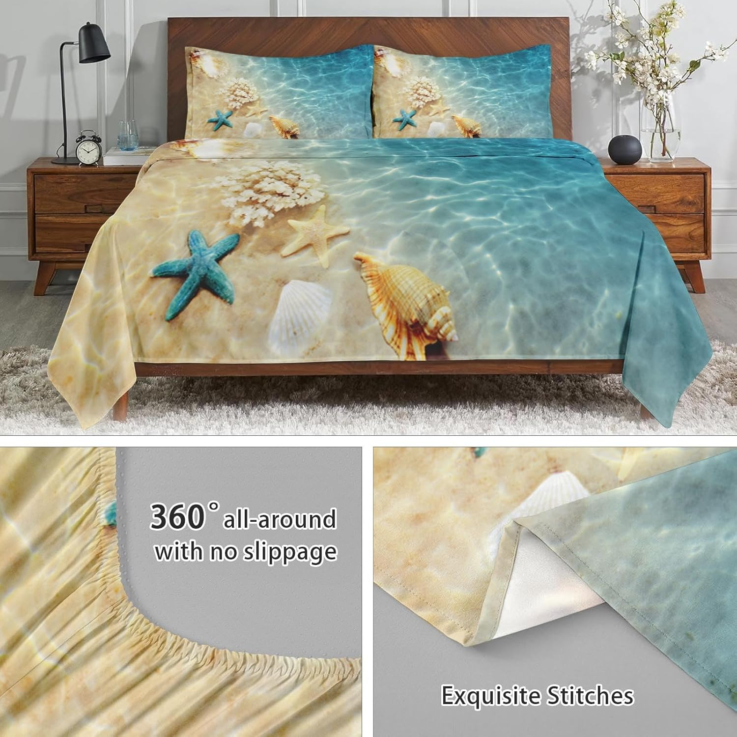 Wecozy Full Size 4 Pcs Bed Fitted Sheet Set with 14" Deep Pocket, Summer Seashell Beach Flat Sheet Set for Kids and Adults, Blue Sea Shell Animal Bedding with 2 Pillowcases for Bedroom Decor