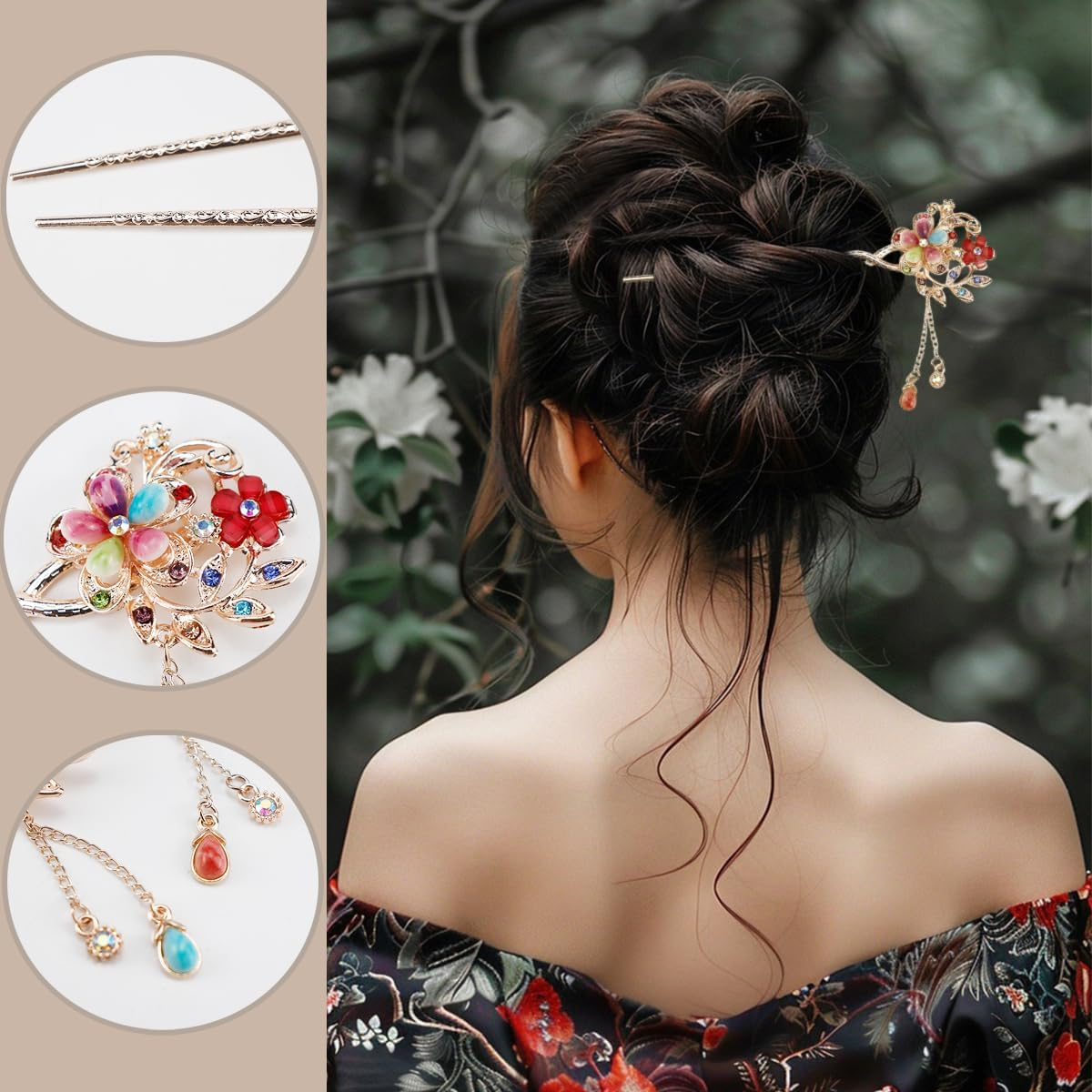 LNQ LUNIQI Chinese Hair Sticks Gold, Pack of 2 Vintage Hair Sticks with Pendant, Elegant Hair Stick with Rhinestones for Decorative Hair, Solid Hairstyle, 15 Cm image number 2