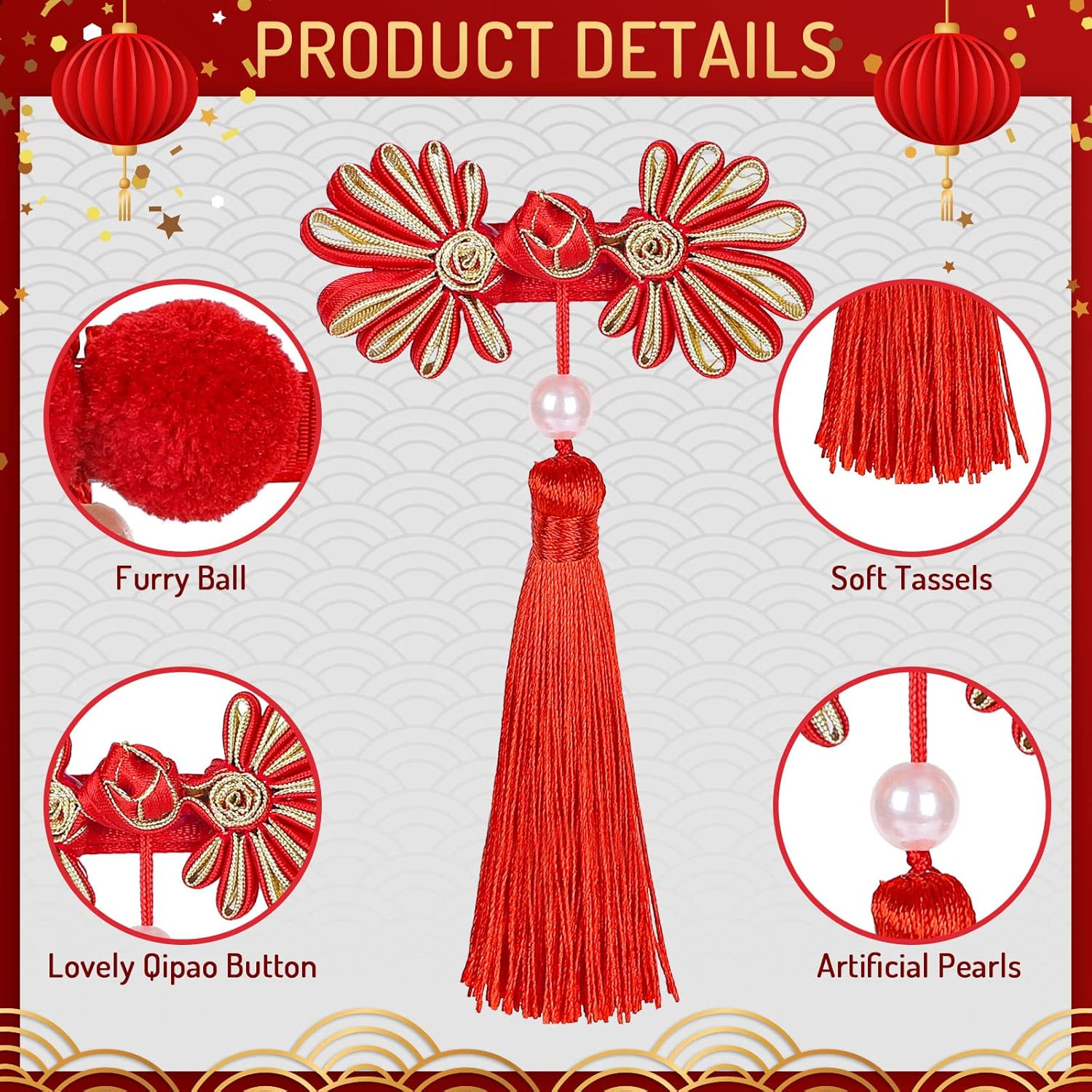Whaline 9 Pairs Chinese New Year Hair Clip Furry Balls Hair Barrettes Baby Girls Chinese Style Hair Clips with Tassels Red Hairy Bows Butterfly Hair Pins for Girls Spring Festival Hair Accessories image number 2