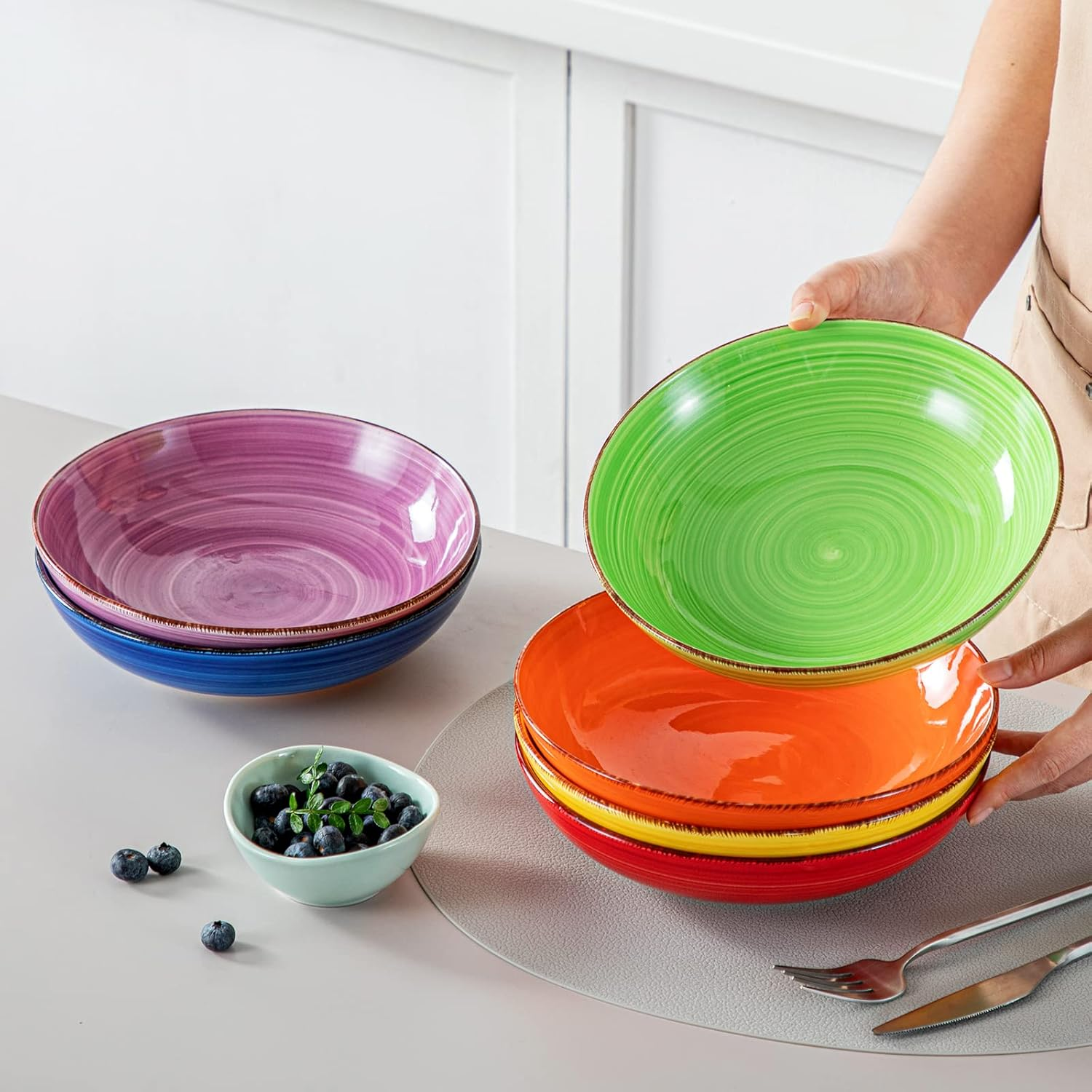 Vancasso Bonita Pasta Bowls Set of 6, 38 Oz Shallow Bowls, Ceramic Pasta Plates and Salad Bowls, Microwave & Dishwasher Safe Serving Bowls, Assorted Colors image number 4