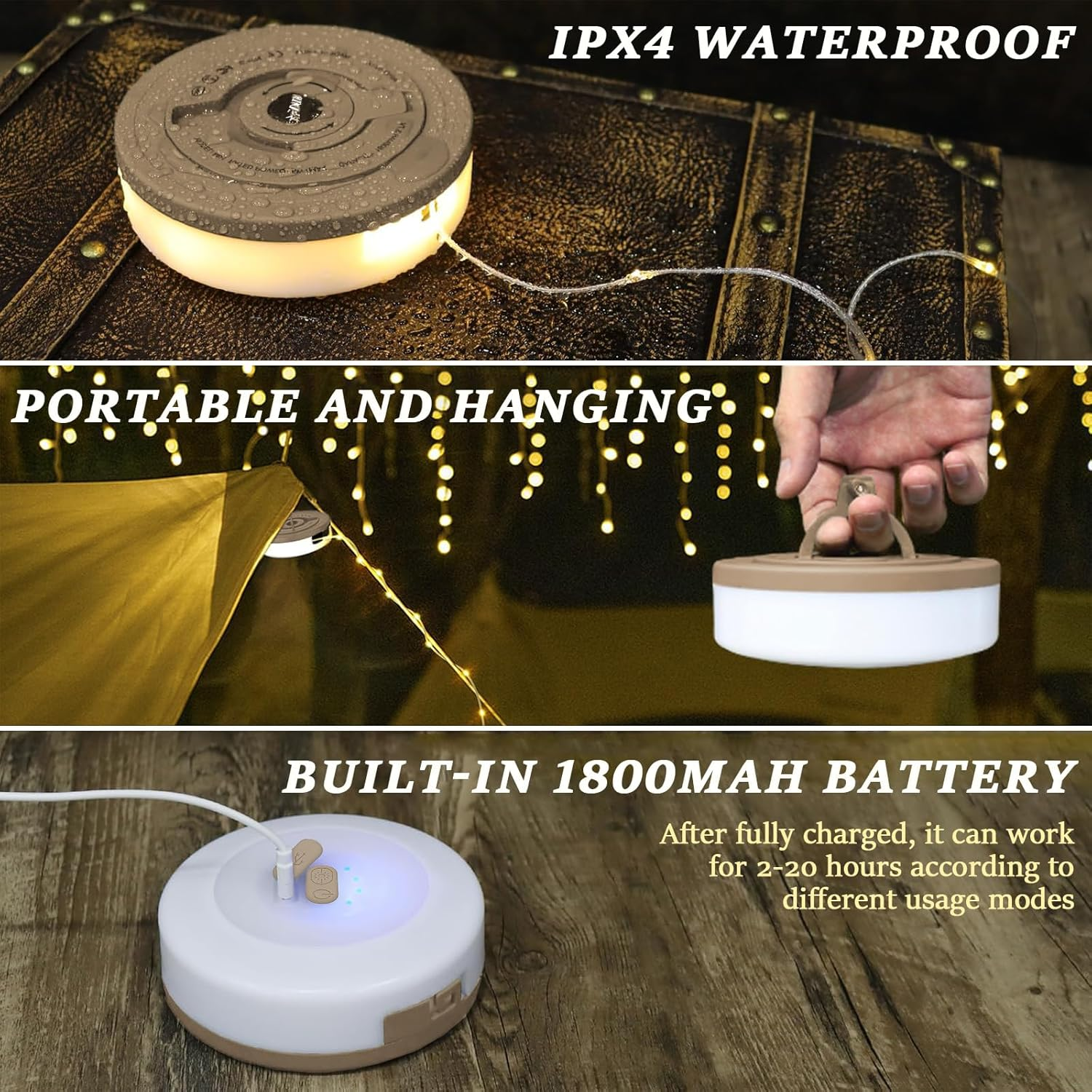 1-Pack Camping Lamp, 32.8FT Rechargeable Waterproof LED Hanging Light for Outdoor Camping Awning Tent Garden Party Festival Decor (Yellow) image number 1