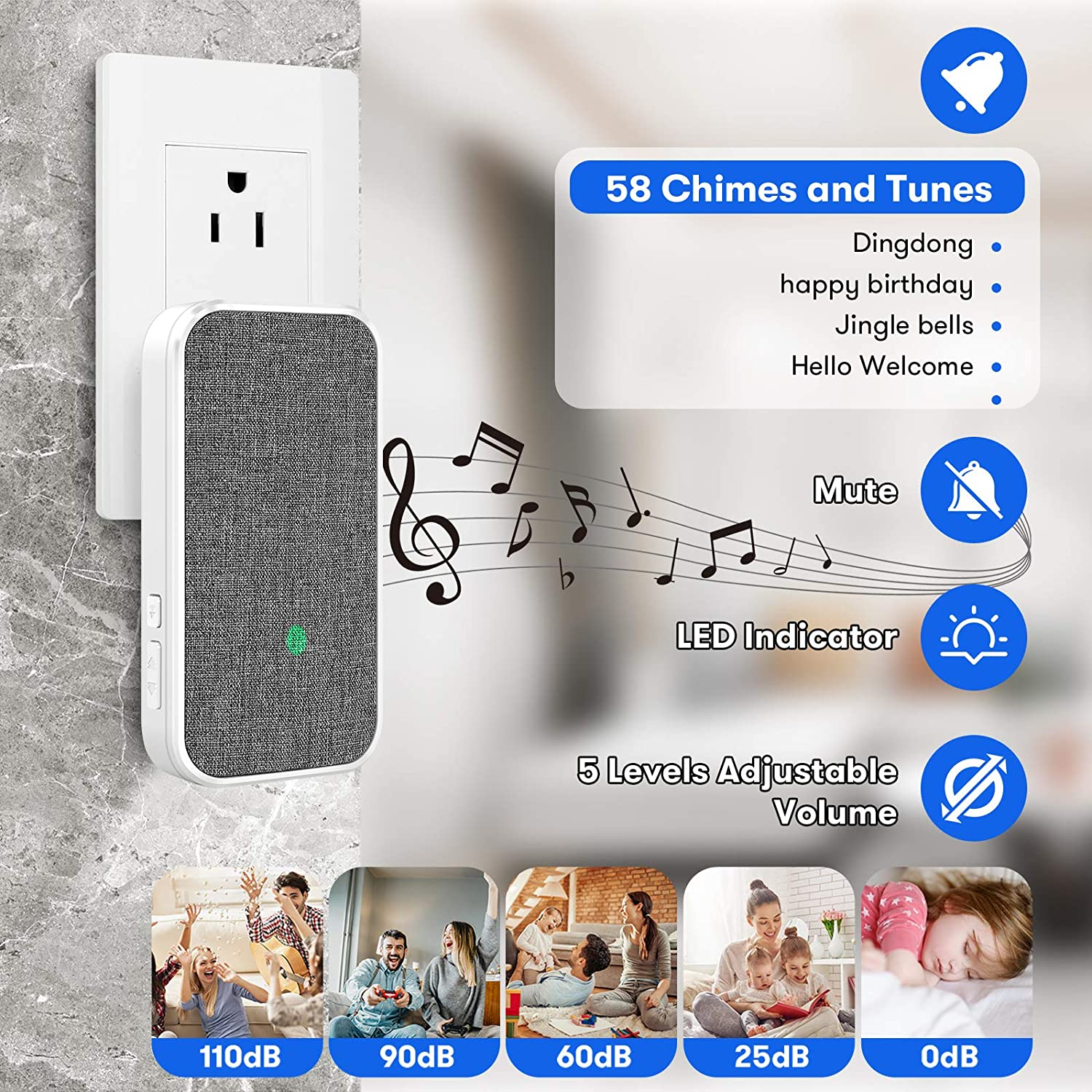 Wireless Doorbell, Remote Door Bell Ringer Wireless Long Range 400M with Fabric Finish, Coolqiya Portable Wireless Door Bells with 1Pc Waterproof Ringer Button and 1Pc Plug-In Doorbell Chime image number 6