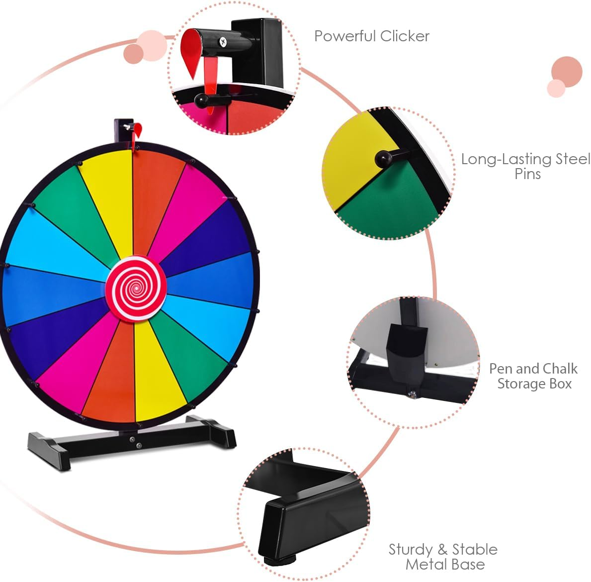 Honey Joy 18'' Tabletop Spinning Prize Wheel, Wheel with Dry Erase & Marker Pen, Solid Metal Base, Colorful 14 Slots for Tradeshow Carnival Fortune Game image number 3