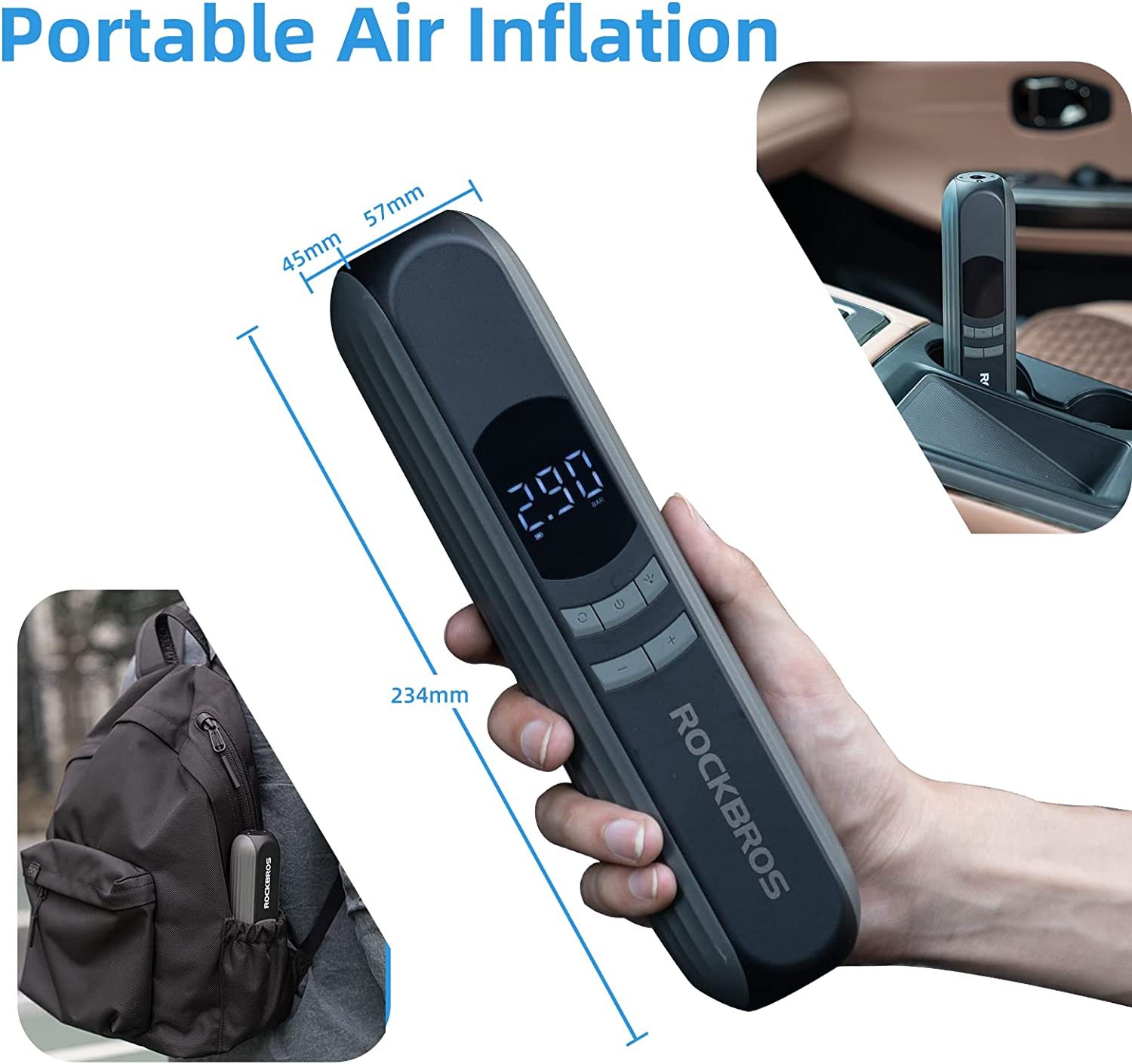 ROCKBROS Portable Air Pump Electric Car Tire Inflator 150 PSI Rechargeable Cordless Bike Air Compressor 2600Mah Smart Auto Shut-Off Tire Pump for Bike Car Basketball image number 4