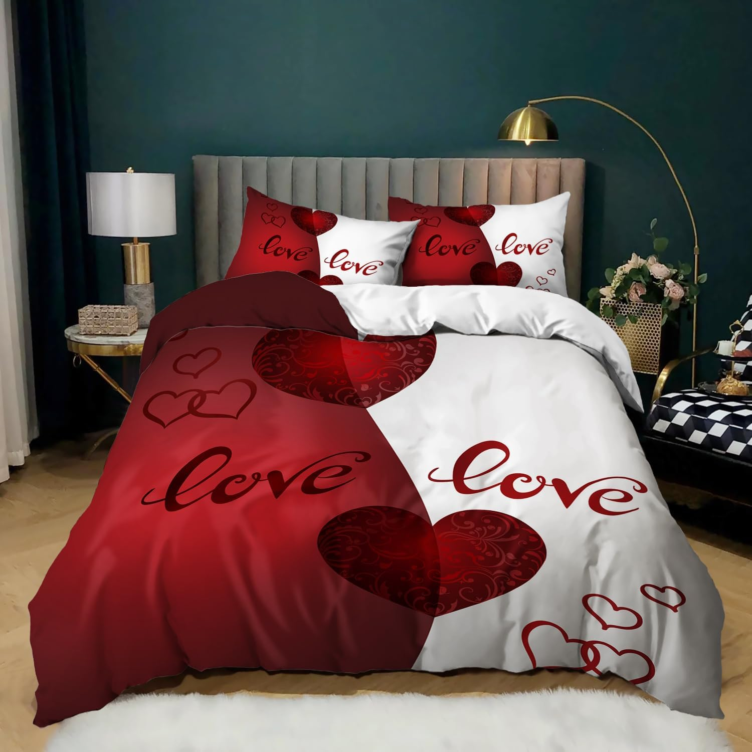 AILONEN Red Hearts Duvet Cover Set Full Size, Red and White Love Bedding Set,Romantic Valentine Comforter Cover Set,Couple Hearts Love Duvet Cover Set 3 Pieces, 1 Quilt Cover and 2 Pillowcases