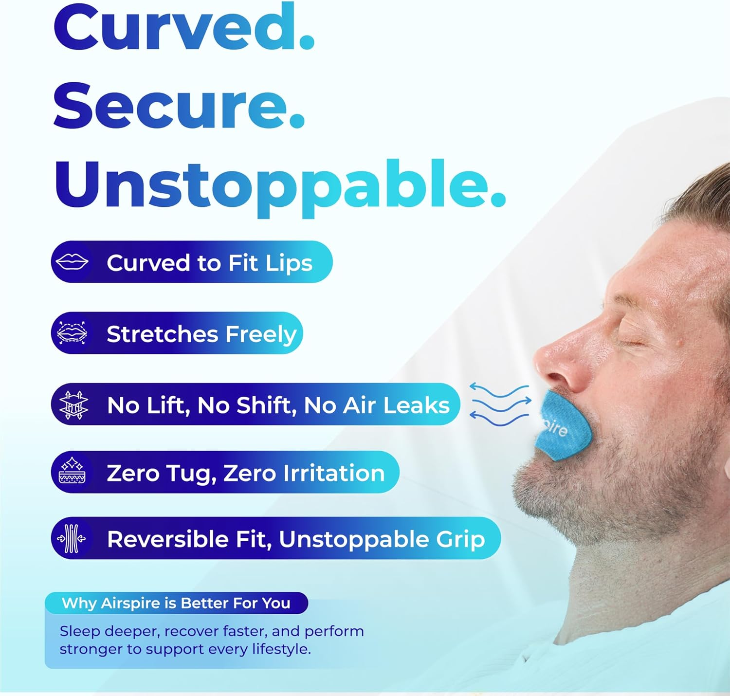 Airspire Airflow Mouth Tape - 31-Pack | Mouthtape for Sleeping & Active Lifestyles | Improve Airflow with Extra-Strength Adhesive & Contoured Design | 100% Hypoallergenic Snoring Relief & Congestion Support | 1-Month Supply Blue | image number 3