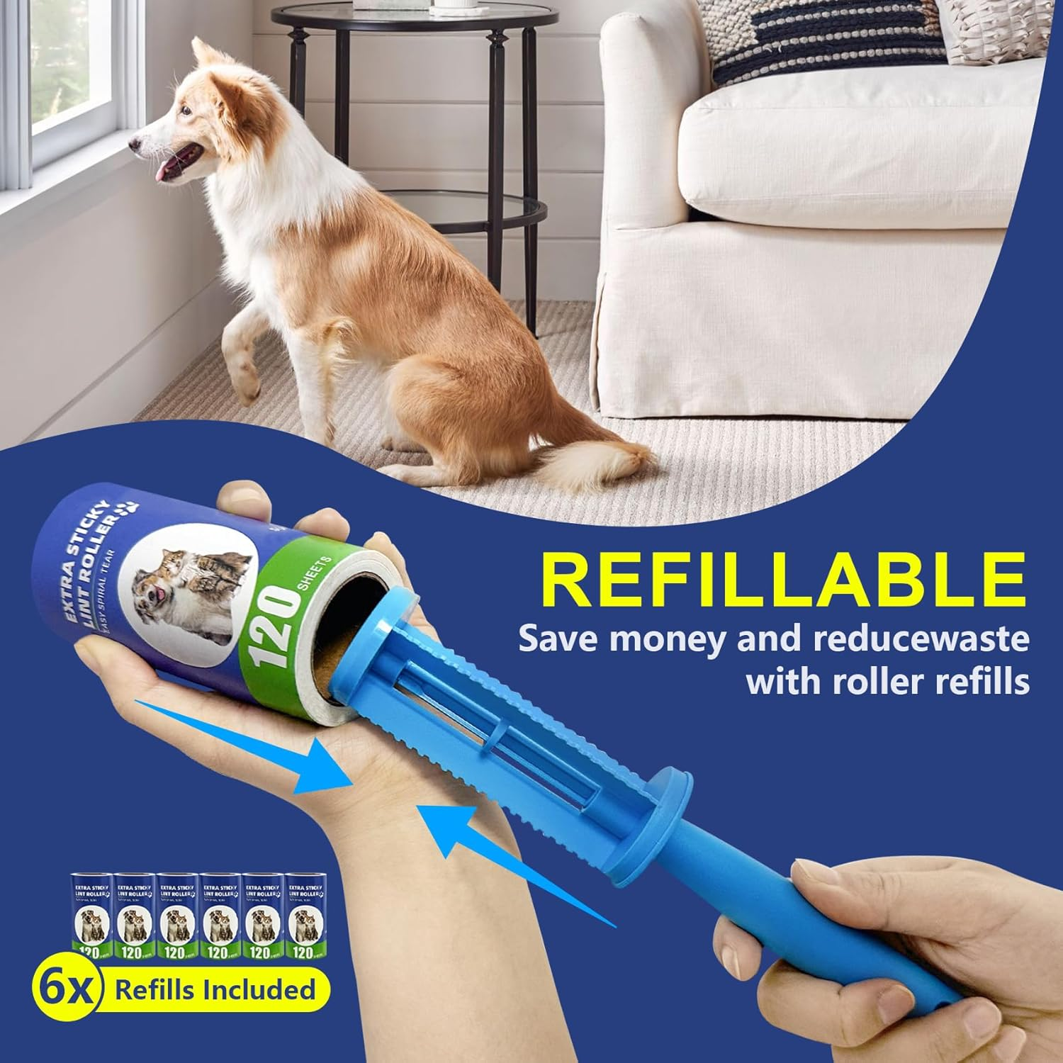 OUYOOOO Sticky Roller - 2 Upgraded Handles and 720 Pieces Extra Sticky Portable Pet Hair Remover for Car, Furniture, Bed and Carpet, Lint Roller Refill Removes Cat and Dog Hair and Dust. image number 1