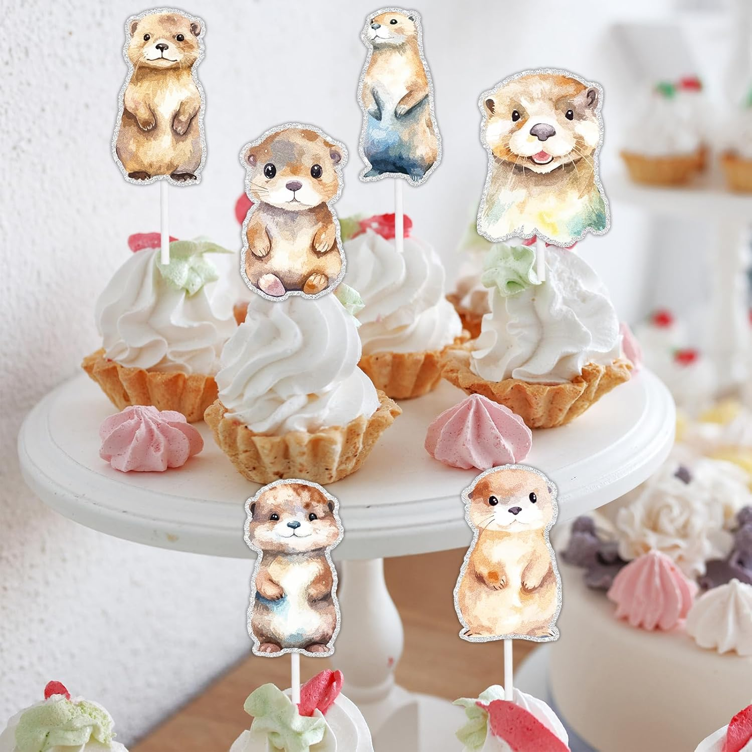 18Pcs Cute Cartoon Otter, Sea Otter Animal Them Happy Birthday Cupcake Decorations Set - Perfect for Boys Girls Birthday Party, Baby Shower, Animal Theme Party Kawaii Zoo Decoration Supplies - LIANGSS image number 5