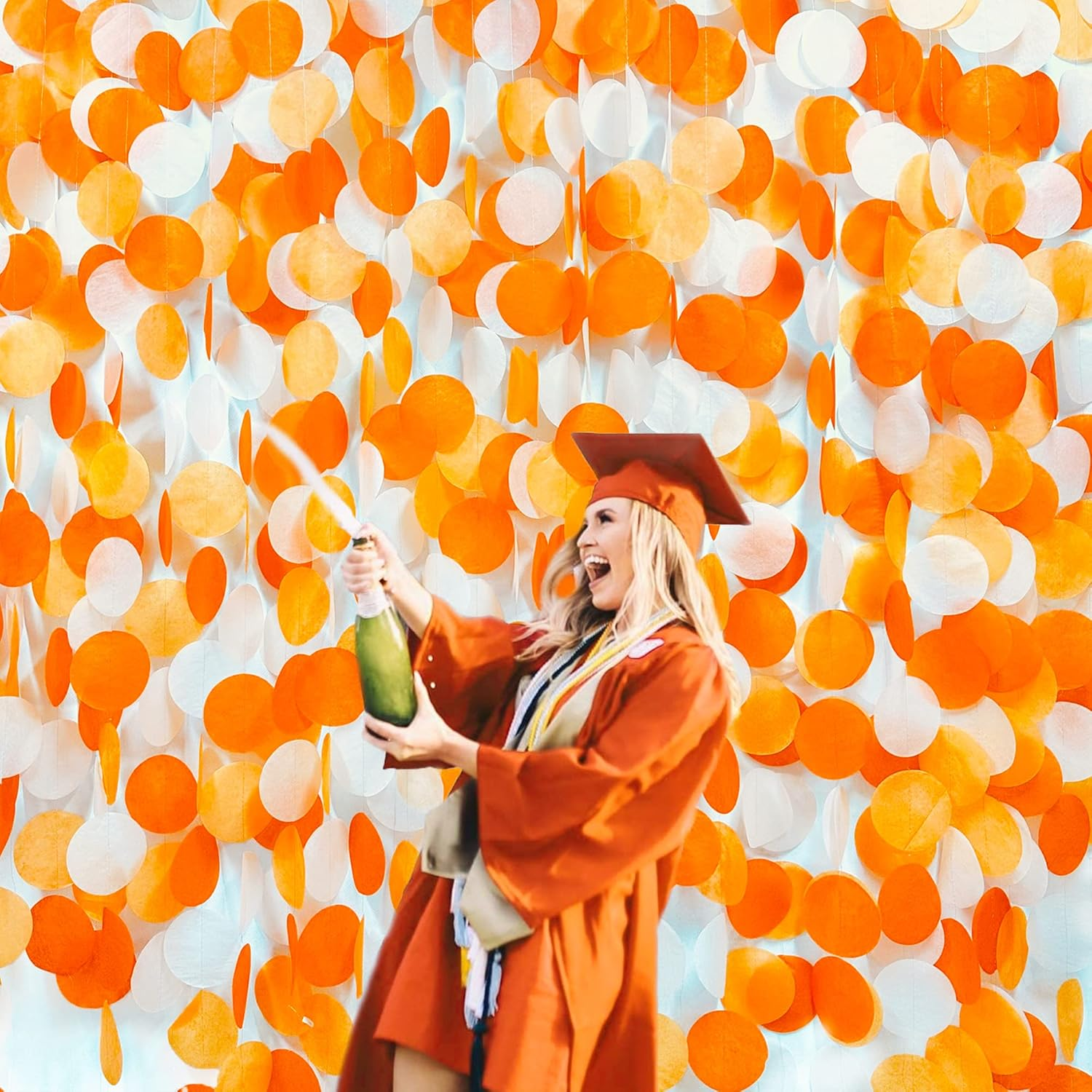 205 Ft Orange White Big Polka Dots Backdrop Garland Ombre Orange Tissue Paper Hanging Circle Dot Streamer for Birthday Baby Shower Wedding Fall Autumn Thanksgiving Harvest Party Decorations Supplies image number 4