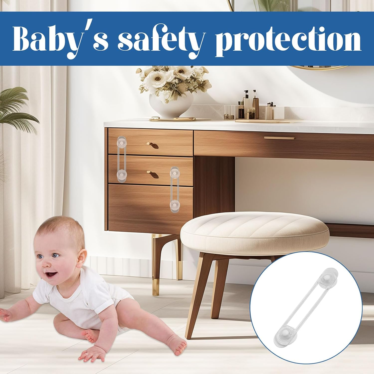 Child Safety Locks, 10Pcs Baby Proofing, 16.5Cm Baby Locks, Baby Proofing Latches to Drawer Door Fridge, Multi Use Baby Cabinet Latches, Easy to Install, No Drilling with 3M Adhesive Pads image number 5