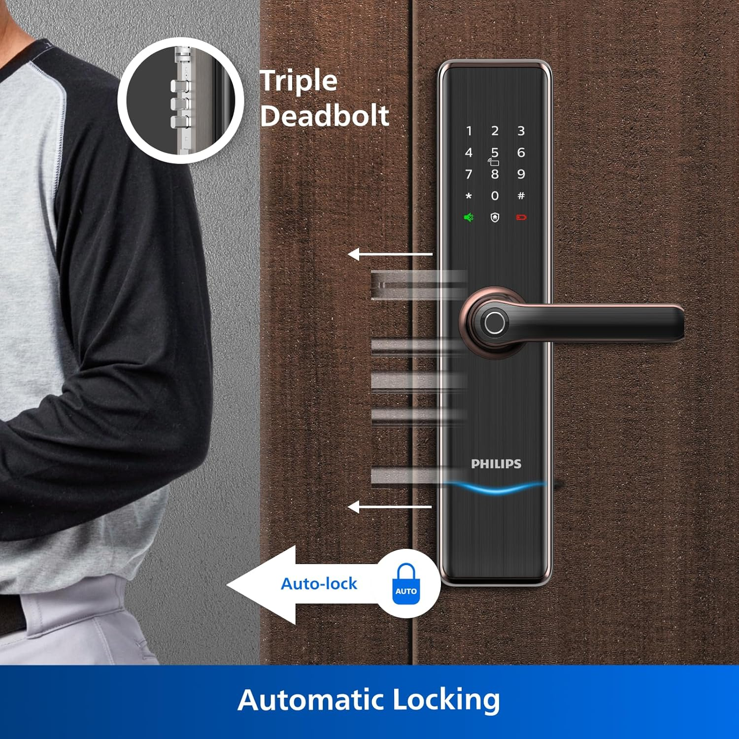 Philips Easykey 7300-5HB Smart Door Lock - Fingerprint and Keyless Entry, Home Improvement, Safety Lock - Copper - Black image number 7