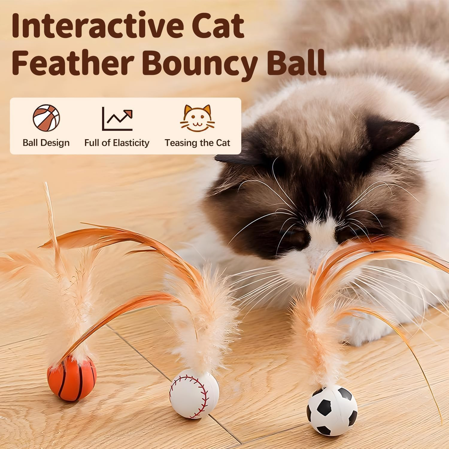 DAMIGHT 3Pcs Cat Bouncy Ball with Feather, Cat Toys Ball Feather Toy for Indoor Cats, Mini Basketball Soccer Toys for Exercise, Bouncy Balls Toys Pet Toys for Cats, Kitten (A)
