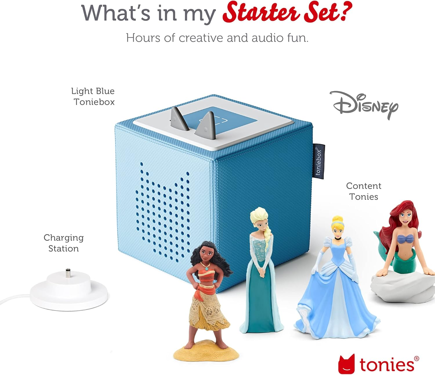 Toniebox Audio Player Starter Set with Elsa, Moana, Cinderella, and Ariel - Imagination Building, Screen-Free Digital Listening Experience for Stories, Music, and More - Light Blue image number 1