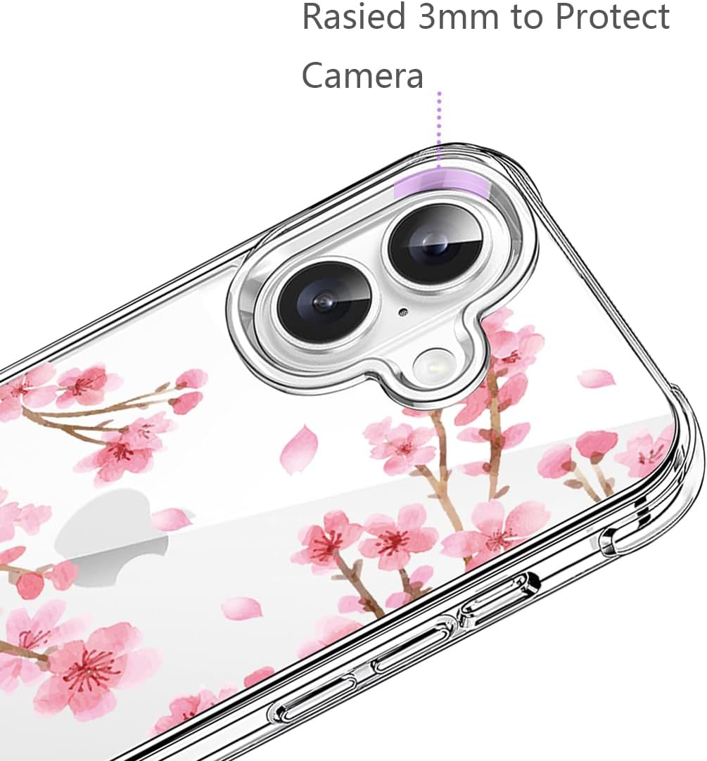HEYORUN Cherry Blossom Clear Case Compatible with Iphone 16, Sakura Girls and Women Floral Back Case Cover, Pink Flower Transparent Flexible TPU Bumper Shockproof Protective Case image number 2