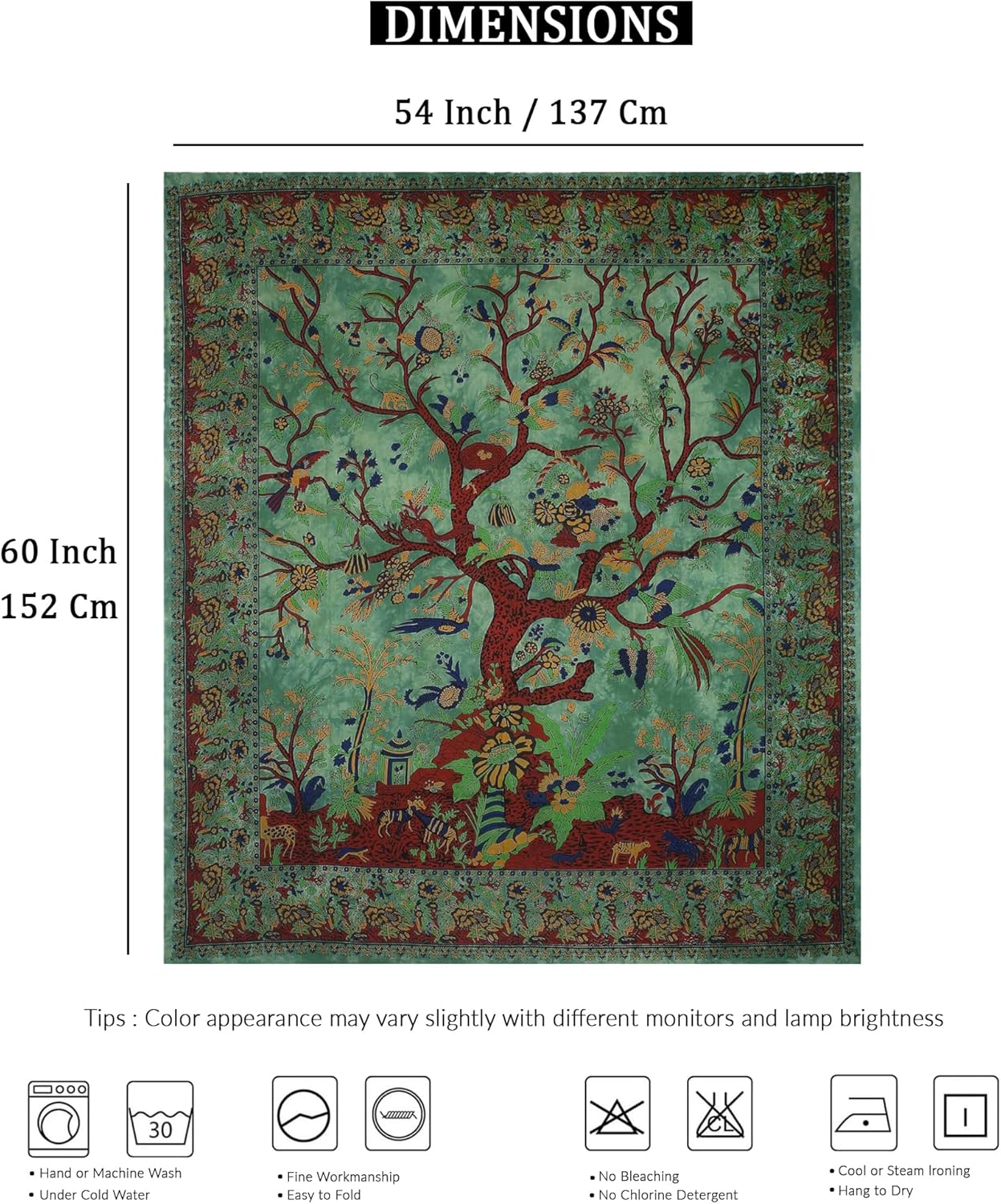 THE ART BOX Tapestry Green Tree of Life Wall Hanging Psychedelic Tapestries Indian Cotton Twin Bedspread Picnic Sheet Wall Decor Blanket Wall Art Hippie Bedroom D&eacute;cor (Medium, 60X54 Inch) image number 7