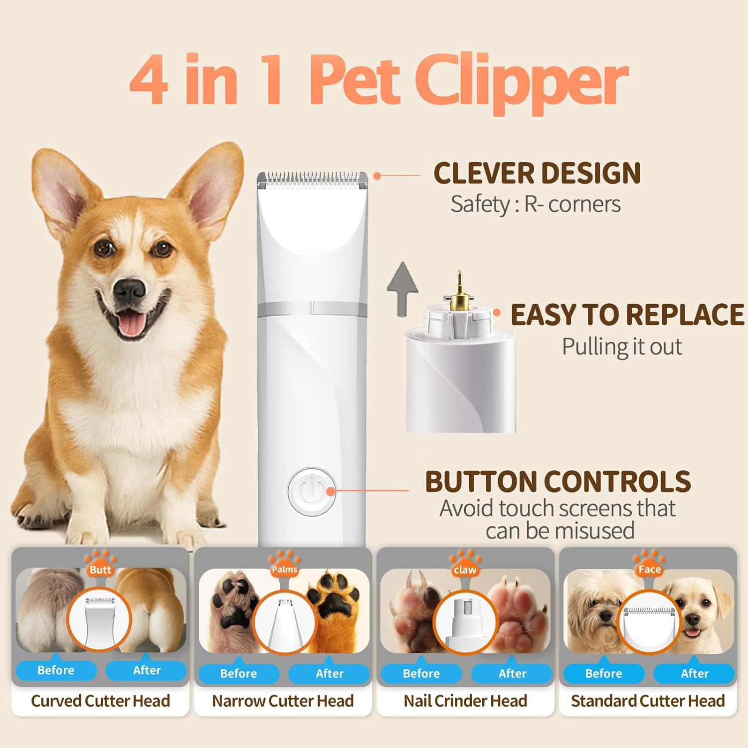Paws2U 4 in 1 Dog Grooming Kit, IPX7 Waterproof Trimmer, Multi-Blade Pet Hair Clippers Kit, Pet Paw Trimmers & Nail Grinder, USB Rechargeable Clipper Grooming Trimmer for Small Dogs & Cats Indoors image number 4