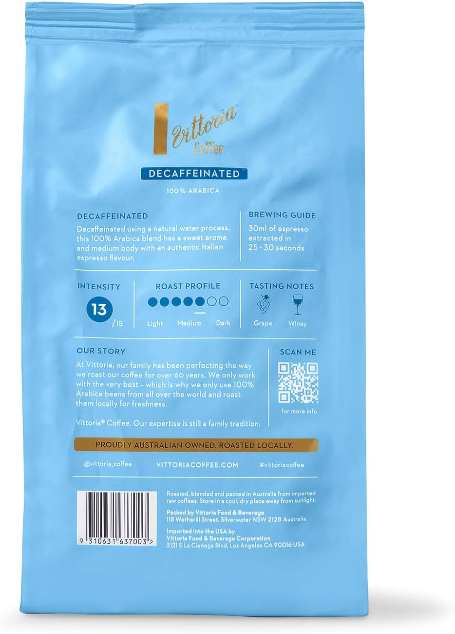 Vittoria Coffee 100% Arabica Naturally Decaffeinated Coffee Beans. 99.9% Decaf 500G. Grape-Winey Tasting Notes with Medium-Dark Roast Intensity. Chemical Free. image number 1