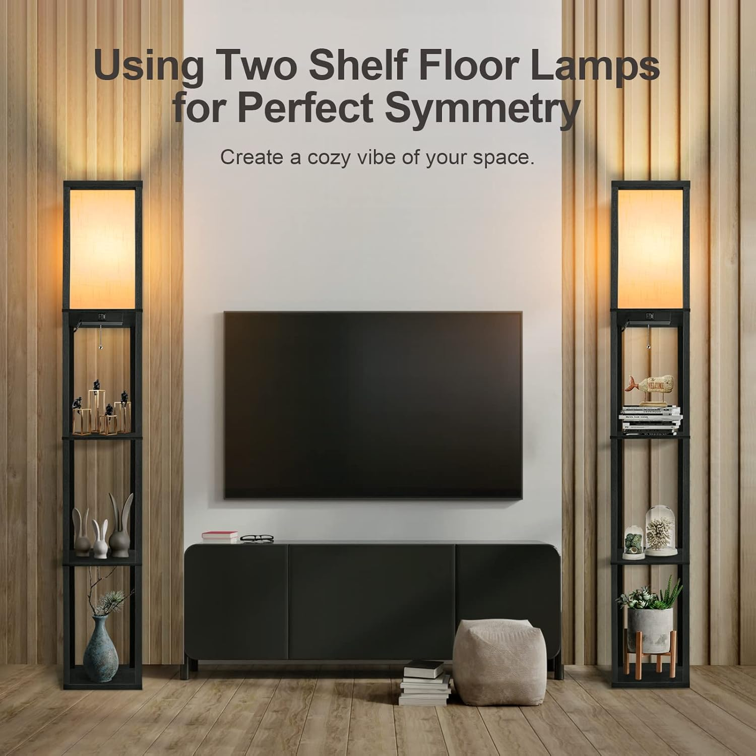 OUTON LED Floor Lamp with Shelves, Dimmable Floor Lamp with 2 USB Ports, Remote Control, 4 Colour Temperature, Storage Display Tall Standing Lamp for Living Room Bedroom Office(Black) image number 4