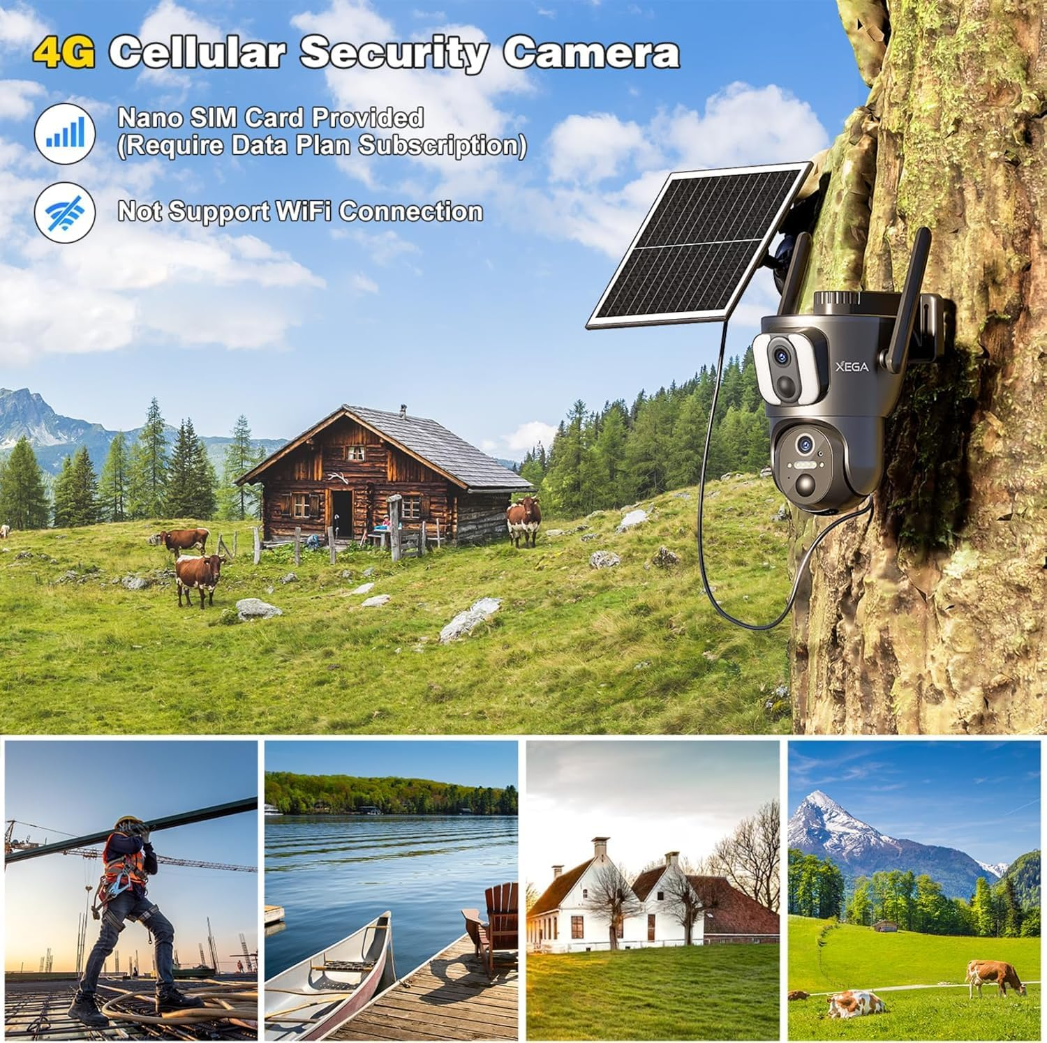Xega 4G【Dual Lens】 Security Camera Outdoor with SIM Card, 14400Mah Solar Powered Wireless No Wifi Security Camera, 2K HD PTZ CCTV with Human Detection Spotlight Siren Alert TF Cloud Storage IP66 image number 6