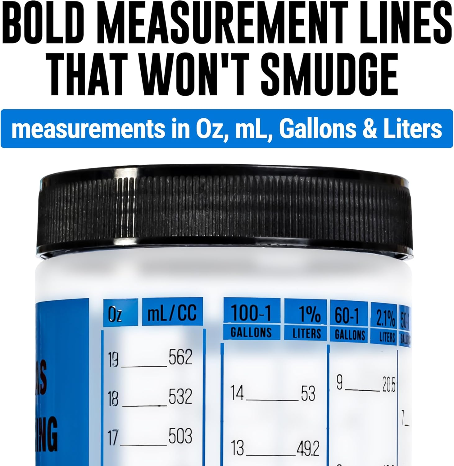 [2-Pack] Wide Mouth Oil/Gas Measuring Bottle - Reusable Mixing Bottle for Two Stroke Engines - Six Different Ratios & Smudge-Proof Measurements in Gallons & Liters - Mix Oil/Fuel Hundreds of Times image number 1