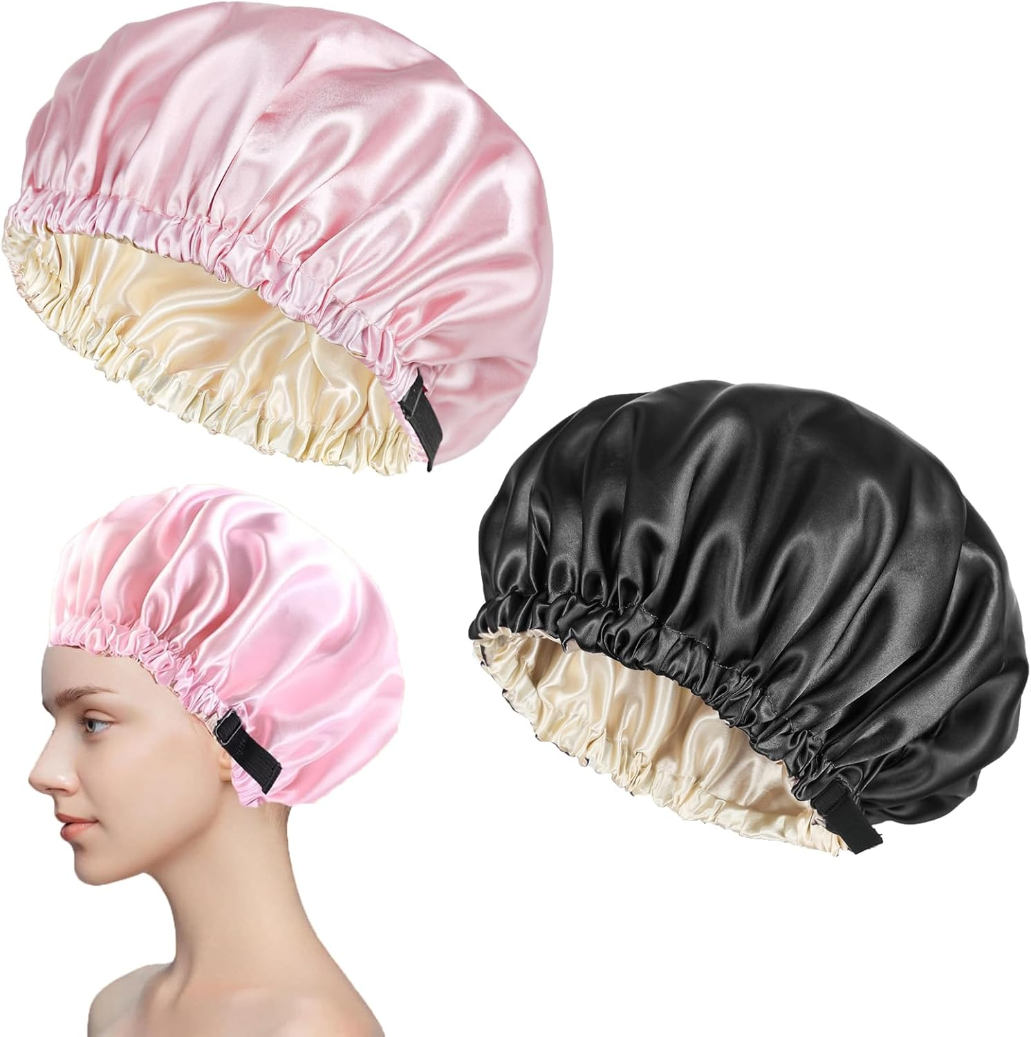 2 Large Shower Caps, Double-Sided Shower Cap, Large Waterproof Shower Cap with Elastic Band, Reusable, Washable, Pink and Black image number 3