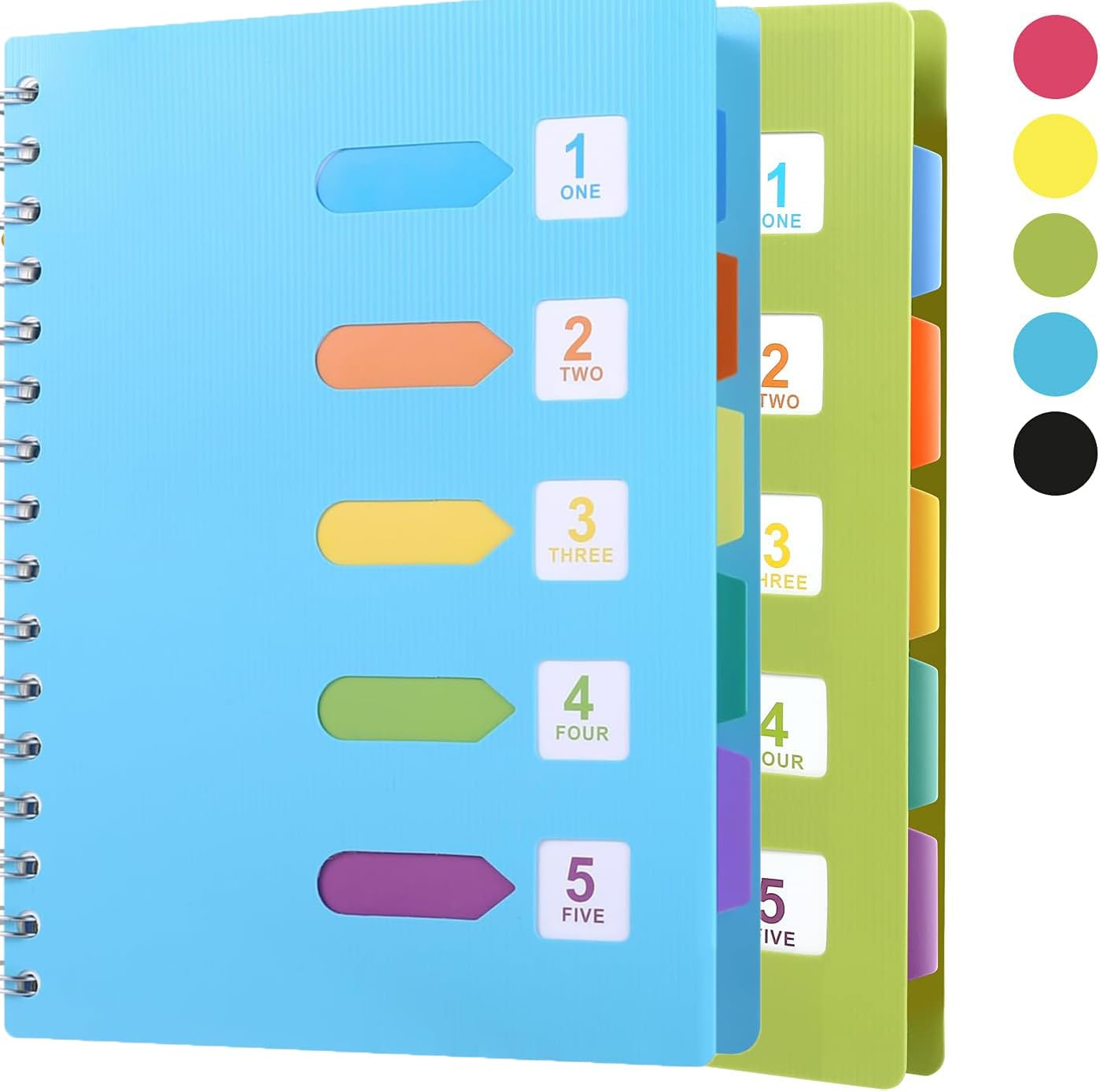 WEZCHUGHAOL 2Pcs A5 Wide Ruled Hardcover Tabbed Notebook Journal with Divider Tabs - 5 Subject Spiral Notebook, 480 Pages, Green, 5.5" &times; 8.3" (Blue Green) image number 2