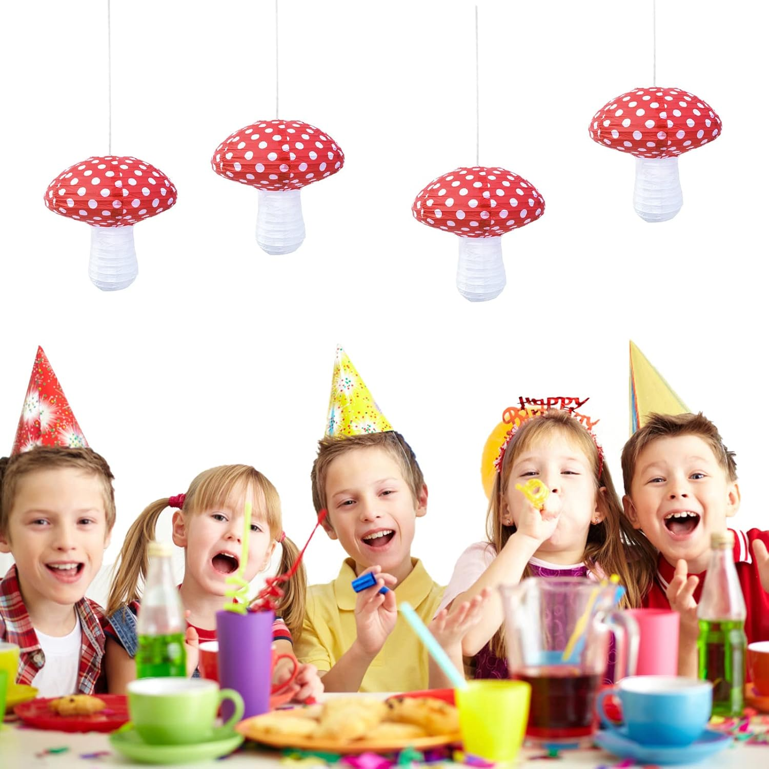 4Pcs Mushroom Shaped Paper Lanterns Hanging Mushroom Decoration Birthday Party Decor Cute Decoration for Jungle Wonderland Theme Party Garden Wedding Kids Room (Mushroom/Red) image number 5