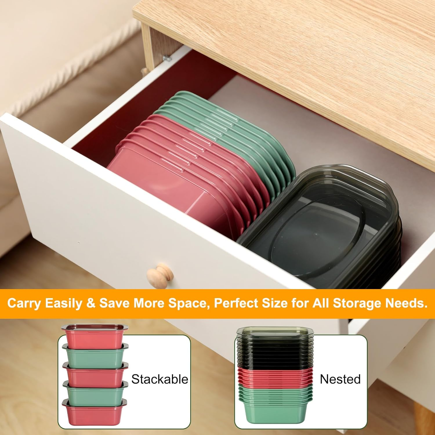 Romon Food Storage Containers with Lid, Pack of 10, 500 Ml, Lunch Box, Airtight Storage Boxes for Meal Prep, Storage Containers, Freezer Containers (Green Red) image number 3