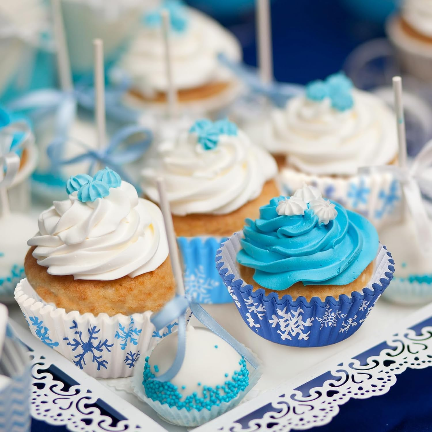 Whaline 600Pcs Winter Cupcake Liner White Blue Snowflake Paper Cupcake Wrapper 3 Designs Disposable Christmas Muffin Baking Cup for Home Kitchen Party Supplies, 2 X 1.2 In image number 4