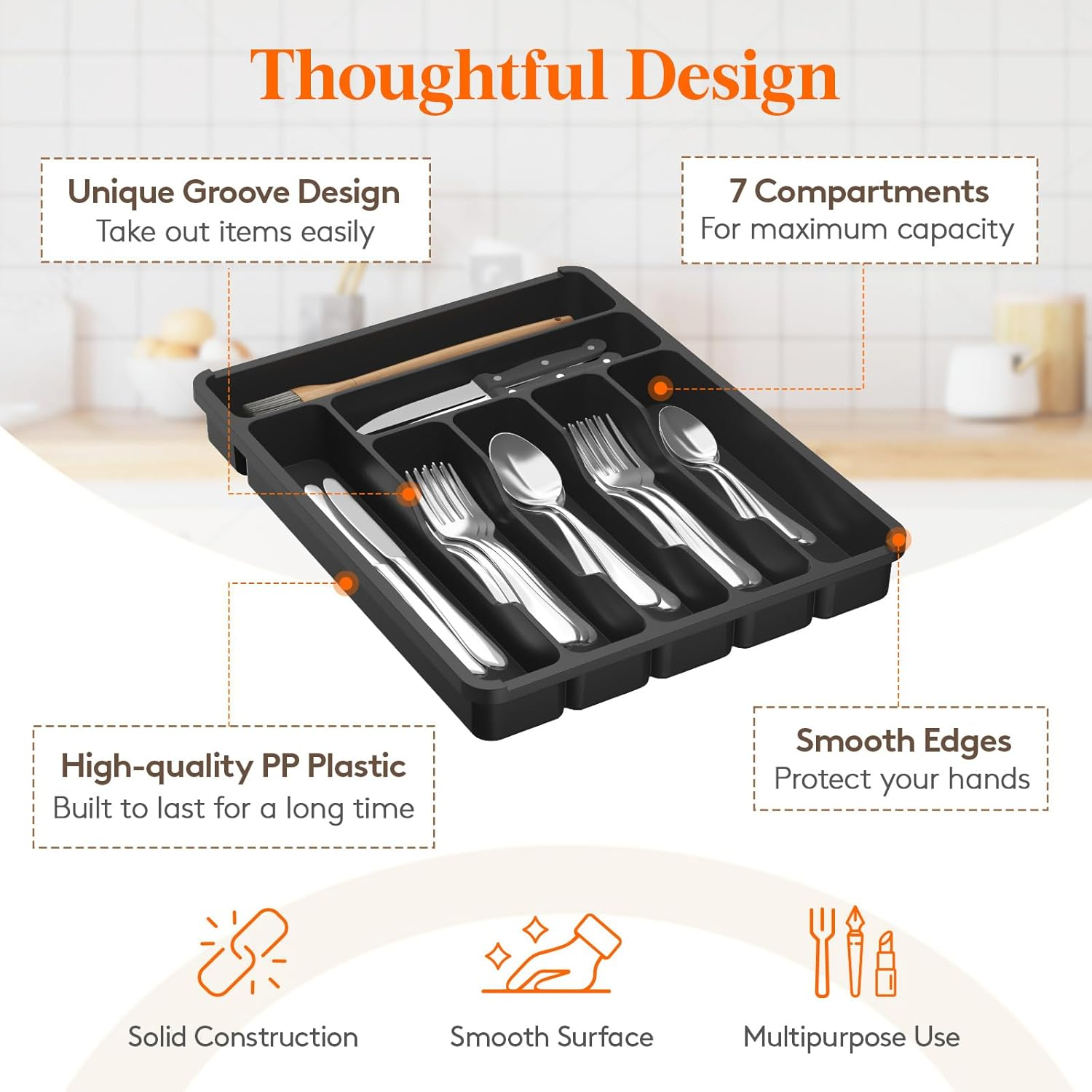 Lifewit Silverware Organizer with Lid, Covered Utensil Tray for Kitchen Drawer and Countertop, Plastic Cutlery and Flatware Storage Box for Spoons Forks Knives Holder Case, 7 Compartments, Black image number 4