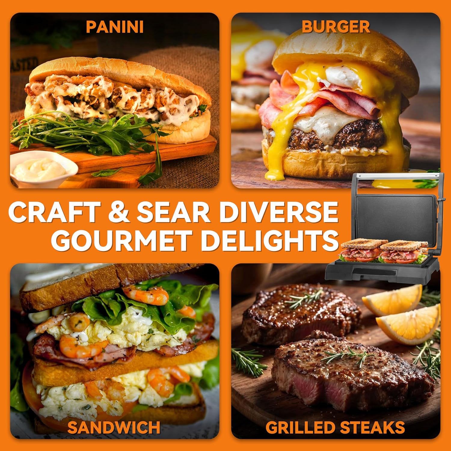 Baker'S Friend Panini Press Electric Griddle, 2-Slices Panini Grill Press Sandwich Maker Press, Grilled Cheese Maker, Sandwichera Electrical, Non-Stick, Stainless Steel, Australian Plug image number 1