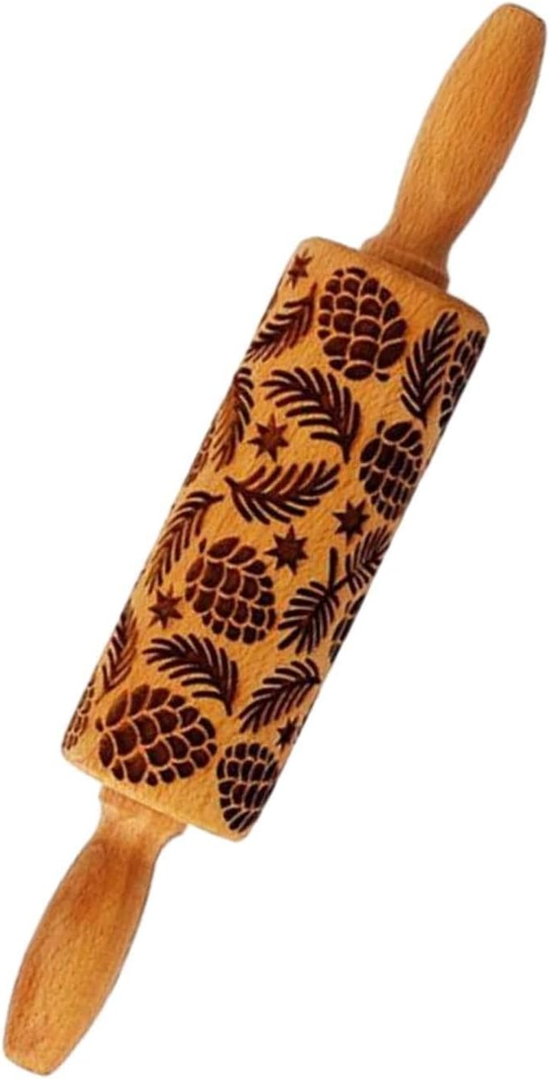 MYCENSE Embossed Wooden Rolling Pin with Pinecones Pattern,Engraved 3D Holiday Rolling Pin for Baking to Decorate Cookies Waffles