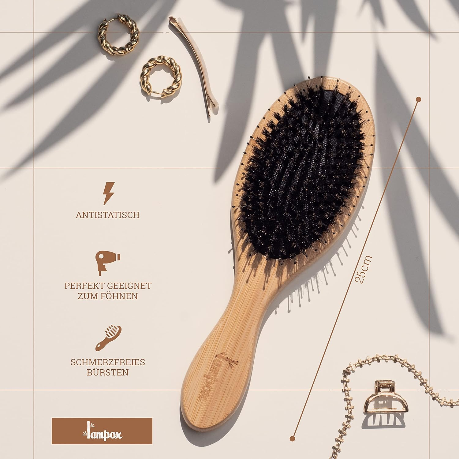 Lampox - Bamboo Hair Brush with Boar Bristles Head Massage Hair Care, Detangling Brush for Long Hair & Curls of Women, Men & Children, Massage Brush for Scalp, Detangler (Oval) image number 3