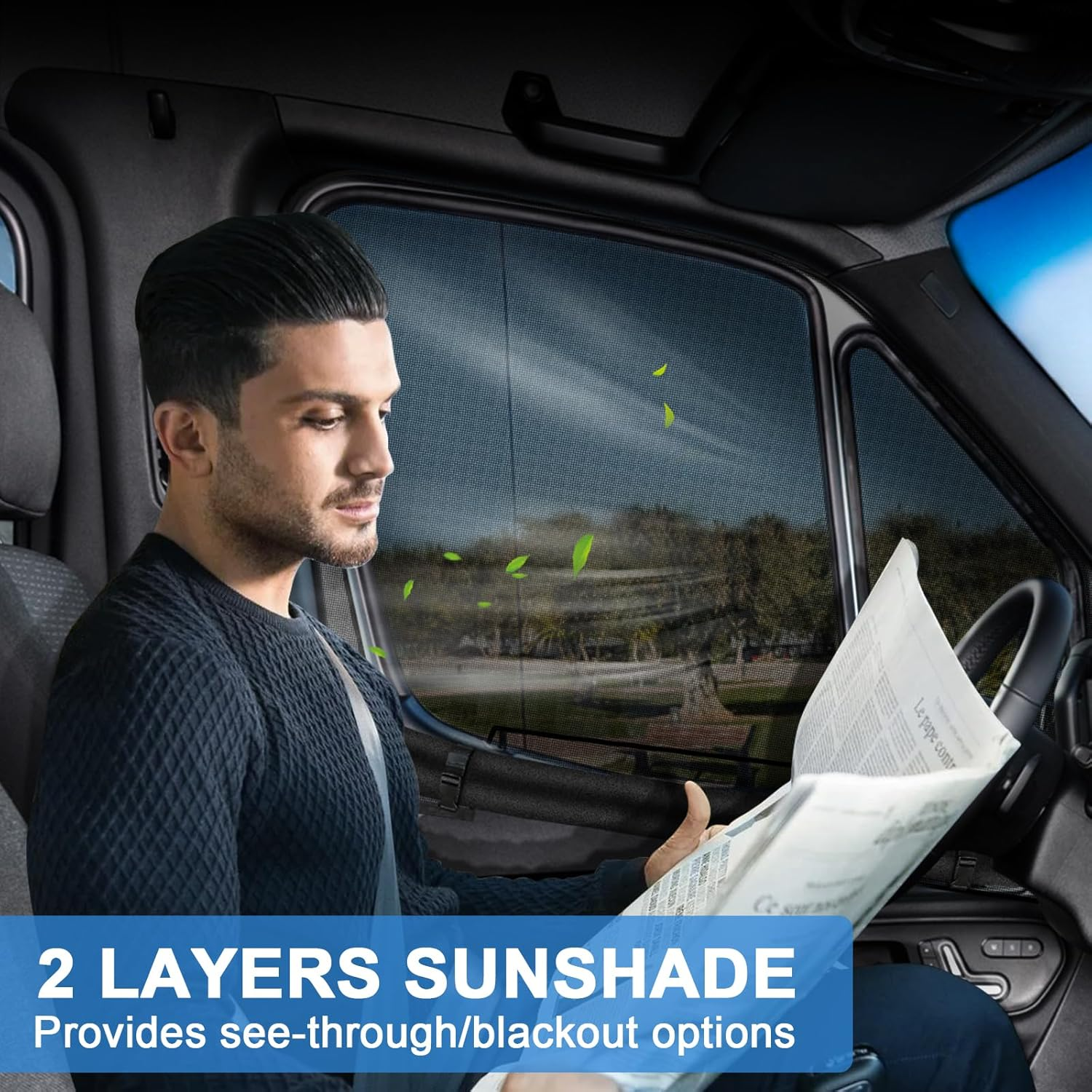 Federedevo Double Layers Side Window Sunshade Magnetic Bug Screen for Front Doors, Pair Window Bug Screen & Sunshade Curtain Compatible with Mercedes Sprinter 2007-2025